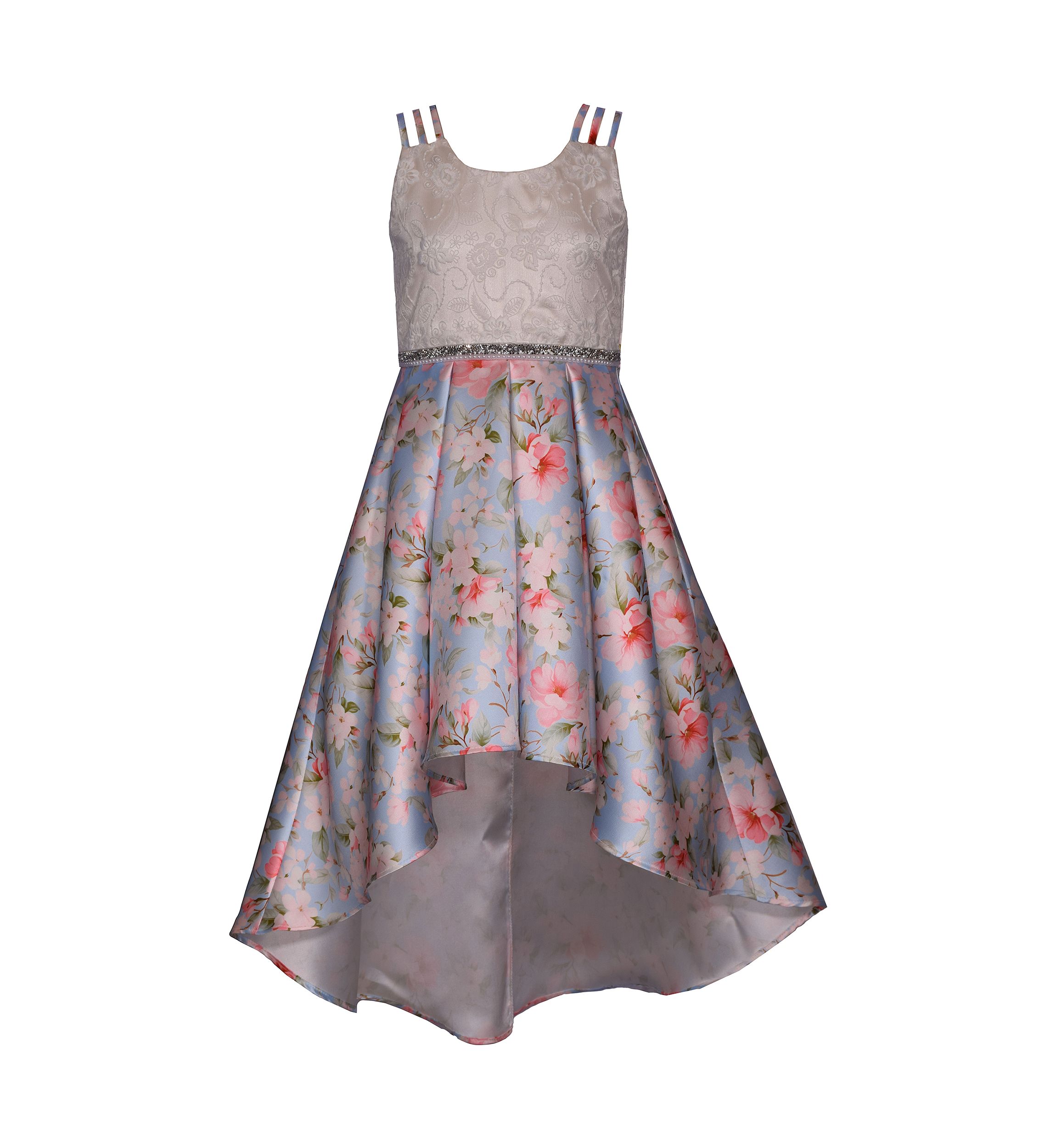 Girls 4-6x Triple Strap High Low Printed Mikado Dress