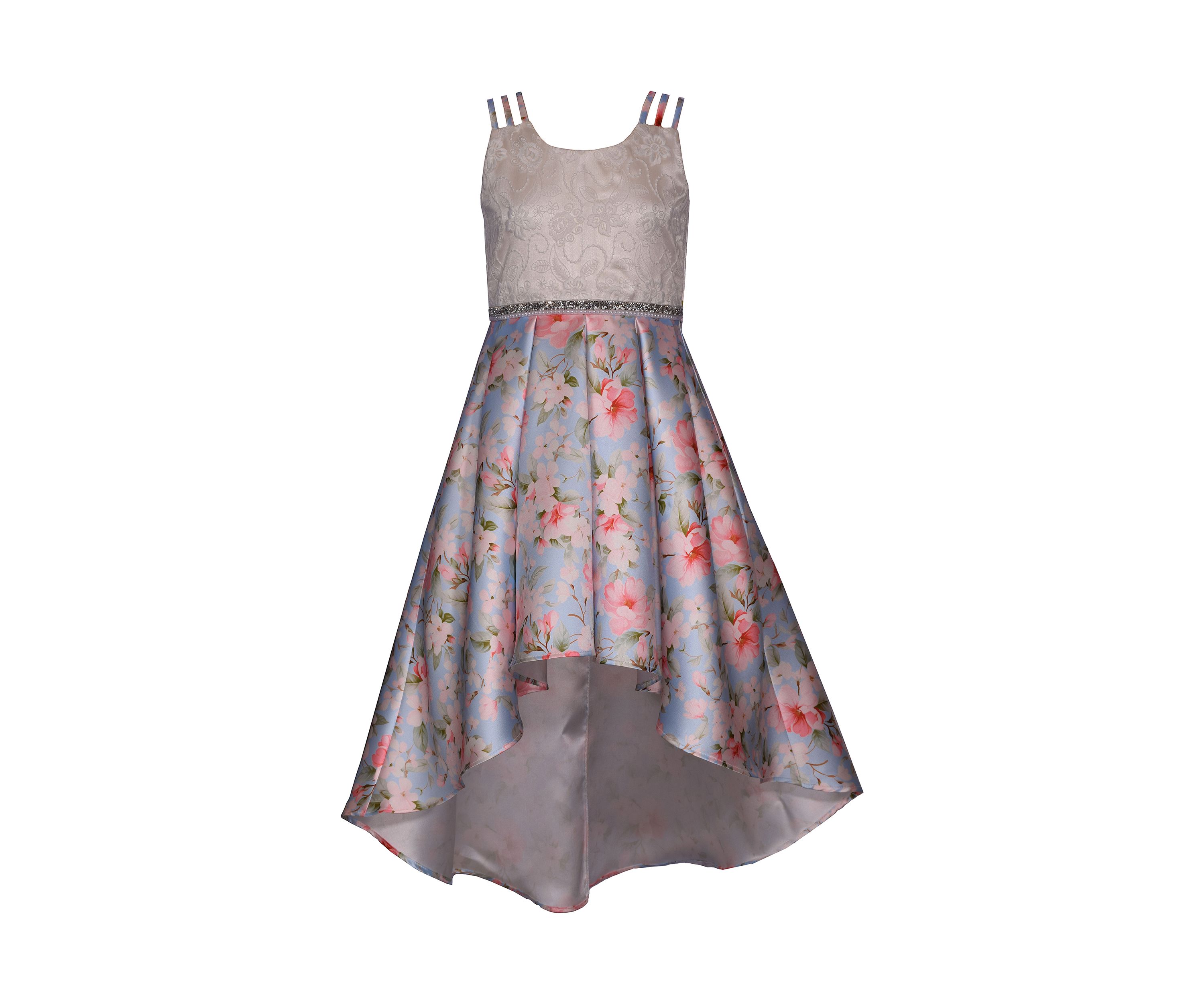 Girls 4-6x Triple Strap High Low Printed Mikado Dress
