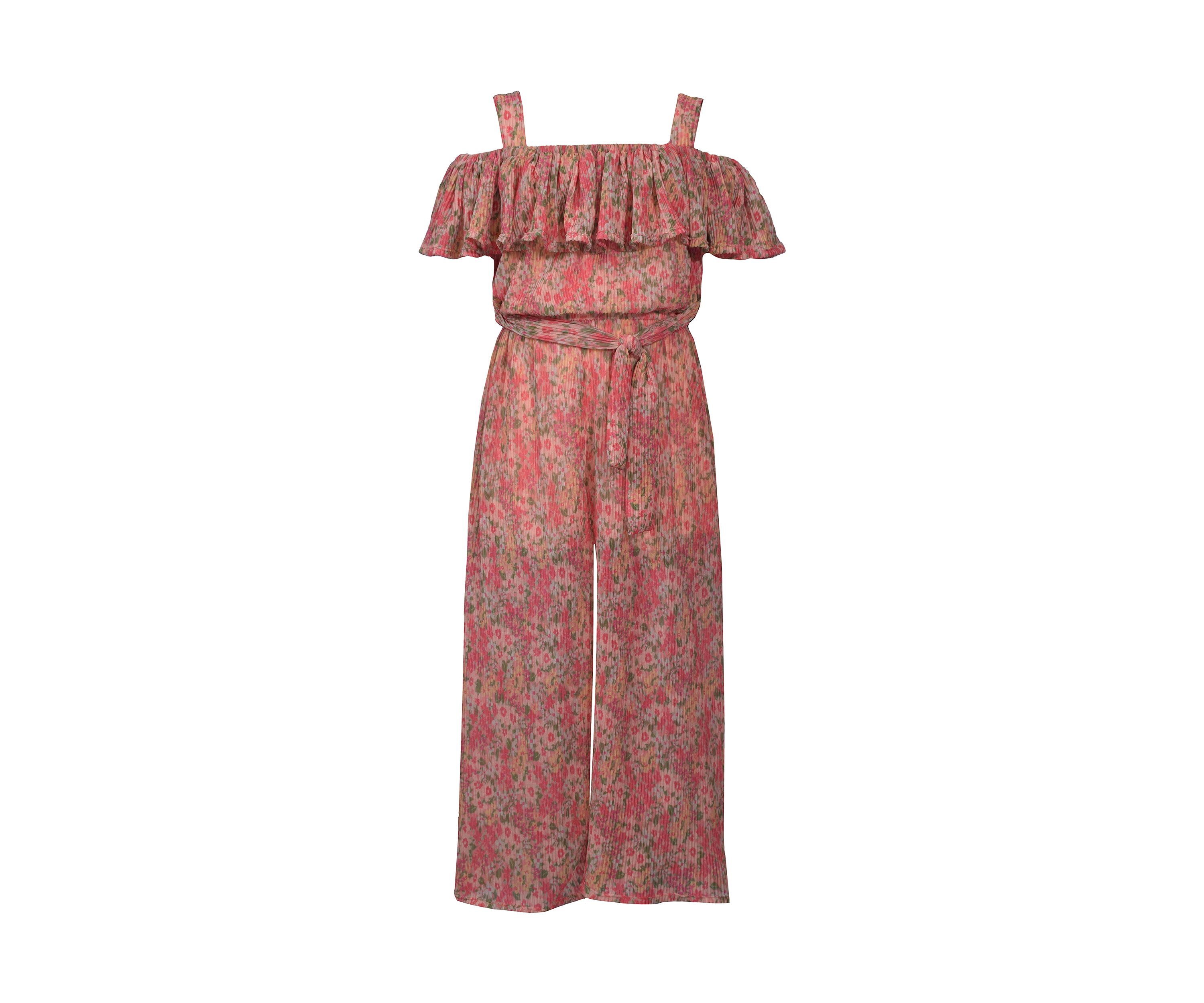 Girls 7-16 Pleated Floral Printed Mesh Jumpsuit