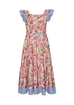 Bonnie Jean Girls 7-16 Flutter Sleeve Floral Stripe Maxi Dress, Pink
