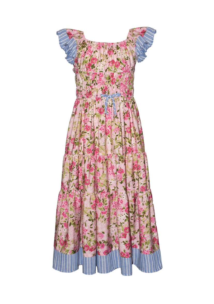 Bonnie Jean Girls 7-16 Flutter Sleeve Floral Stripe Maxi Dress, Pink, 8