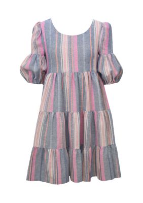 Bonnie Jean Girls Denim & Plaid Tiered Skirt Dress - Knit Top With Tiered Skirt
