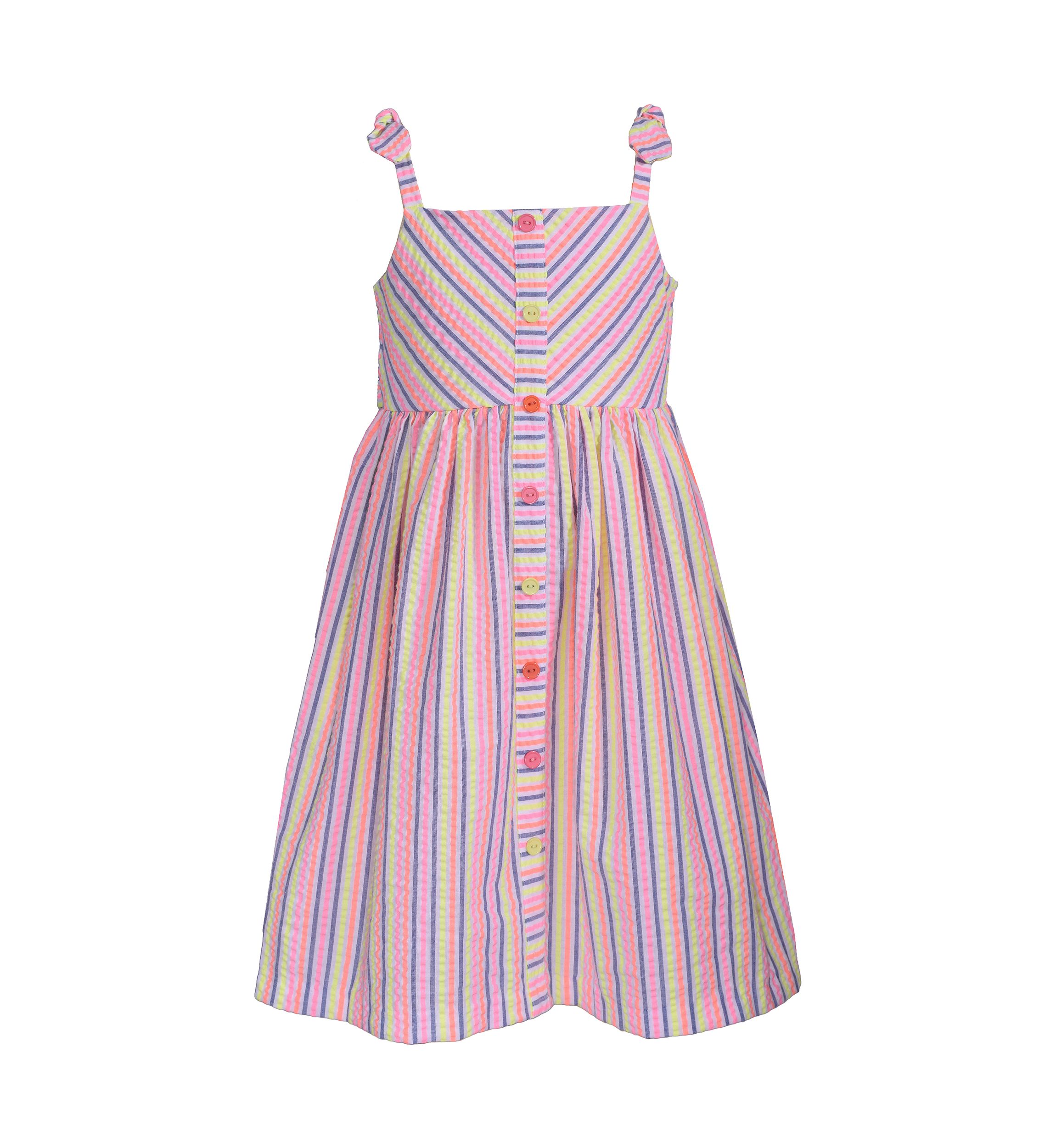 Girls 4-6x Seersucker Faux Button Front Dress with Bow Shoulder