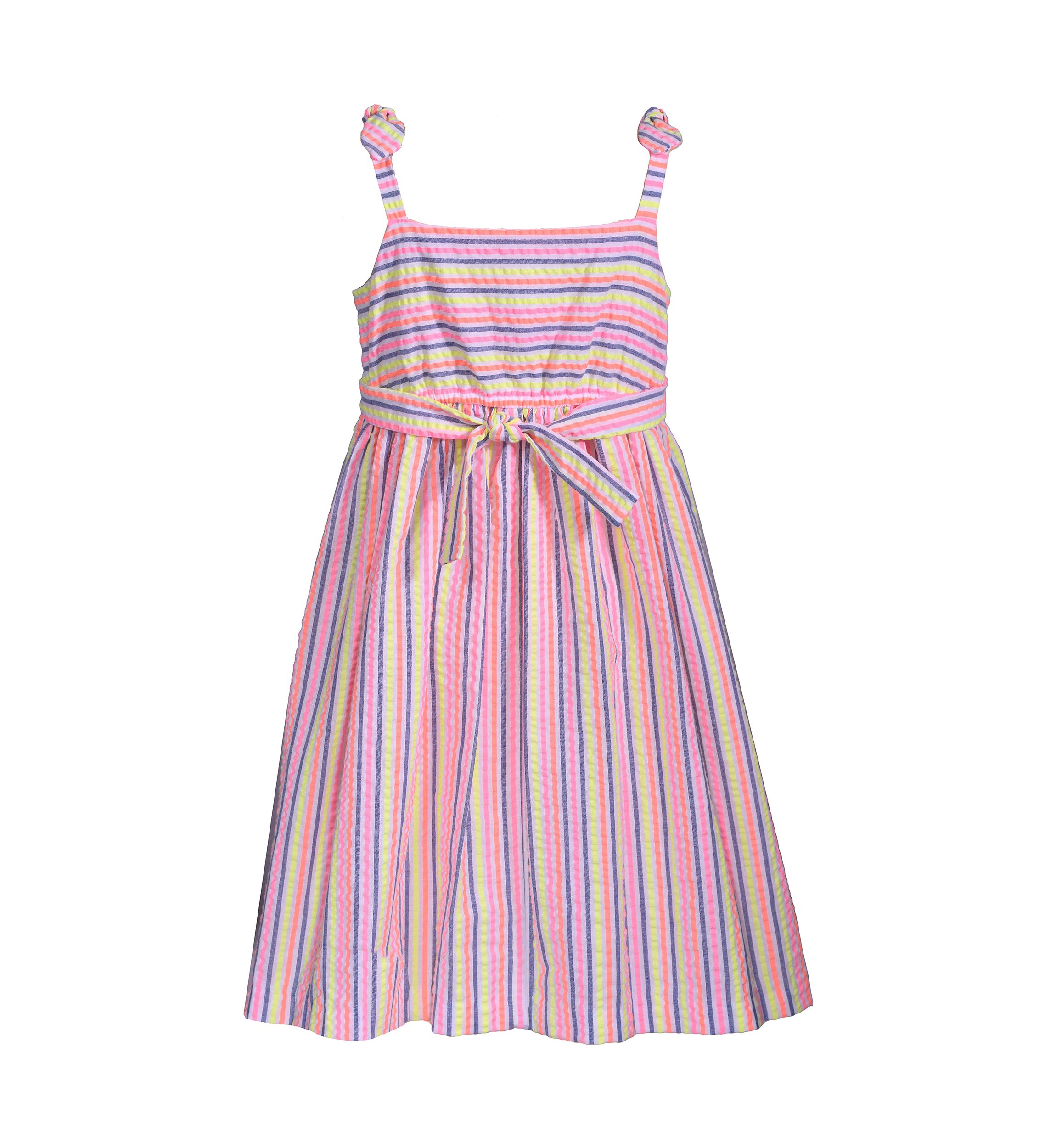 Girls 4-6x Seersucker Faux Button Front Dress with Bow Shoulder