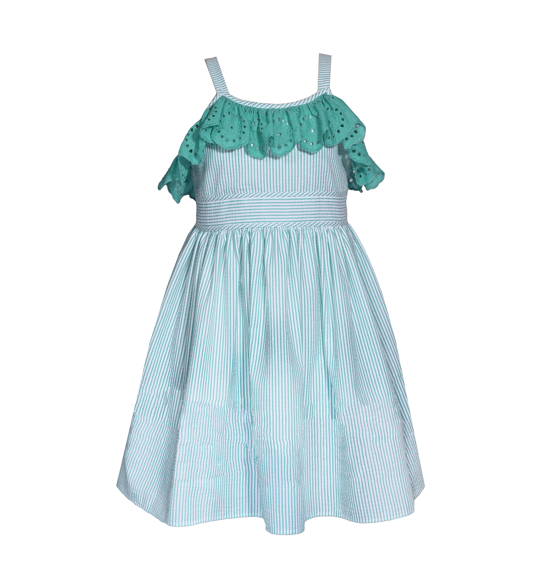 Girls 4-6x Seersucker Dress with Eyelet Ruffle Trim