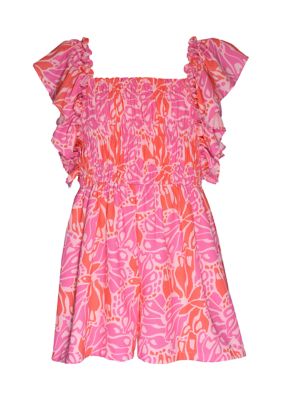Bonnie Jean Girls 4-6x Floral Romper with Flutter Sleeve, Fuchsia