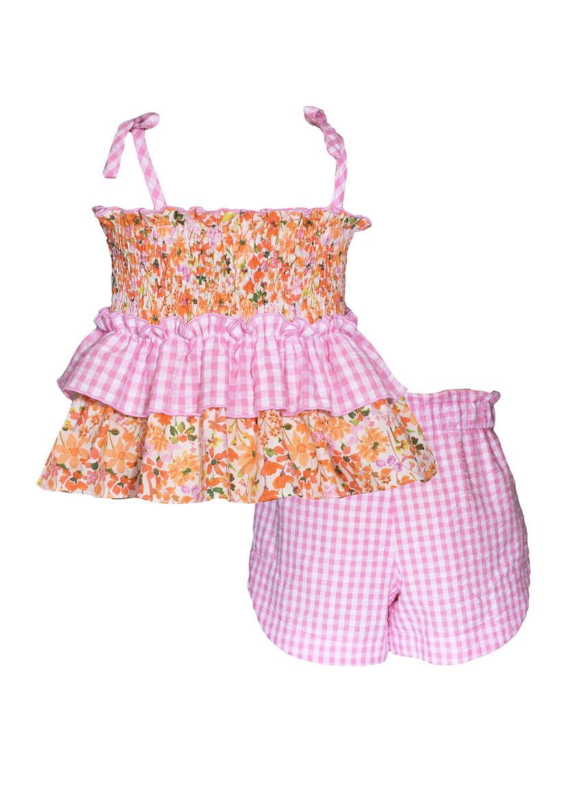 Girls 4-6x Seersucker Printed Ruffle Top and Shorts Set