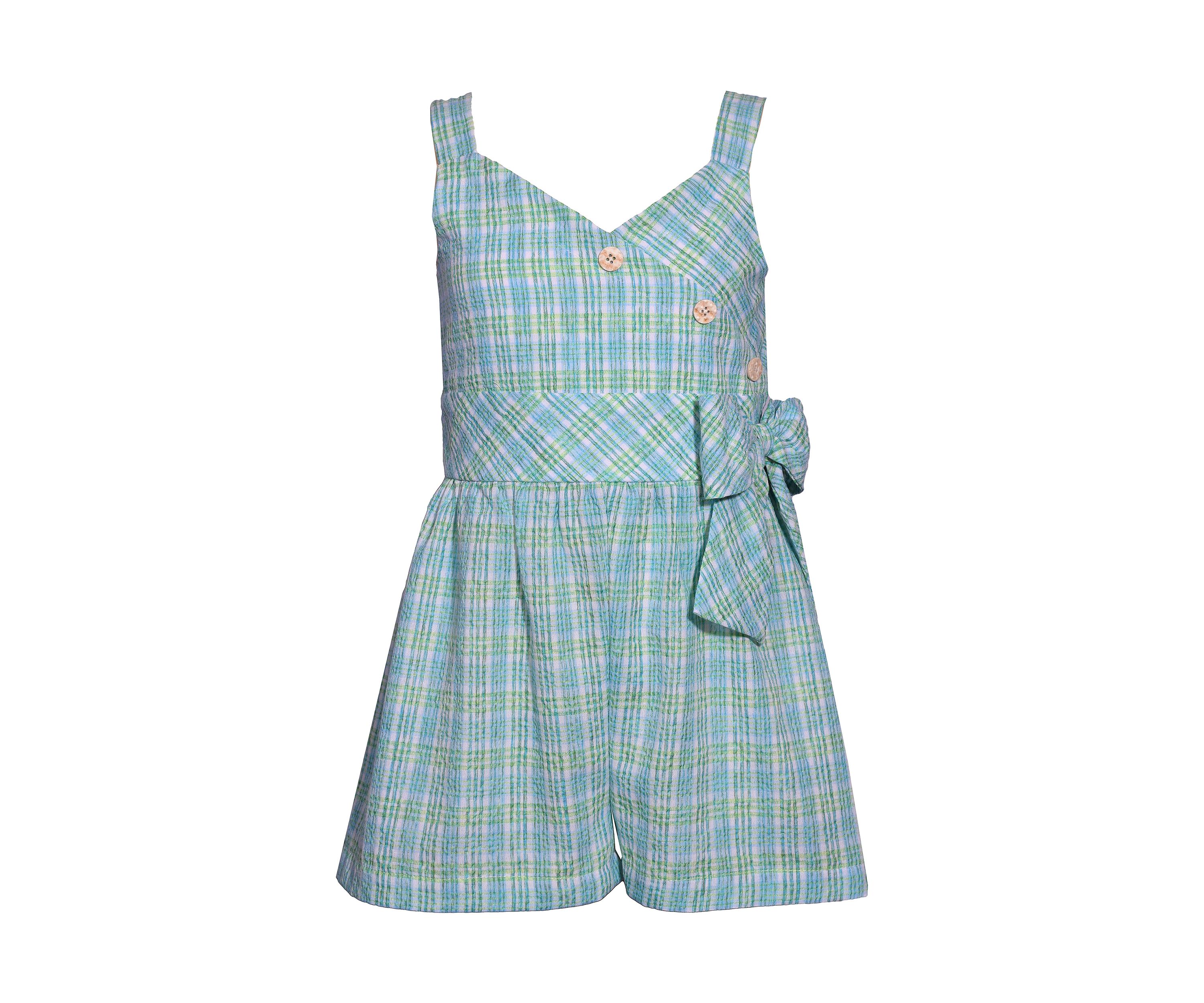 Girls 7-16 Plaid Printed Romper with Wooden Buttons
