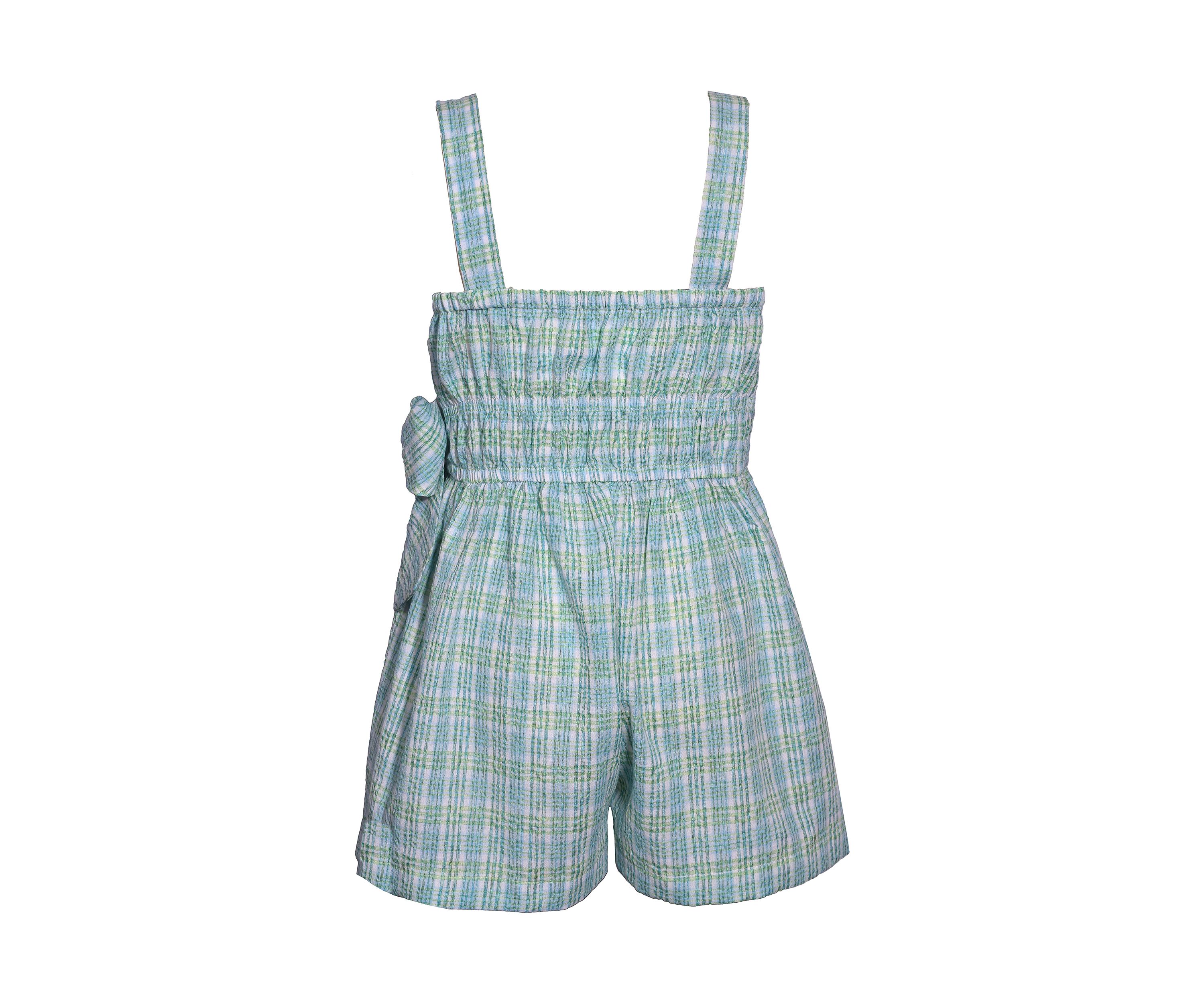 Girls 7-16 Plaid Printed Romper with Wooden Buttons