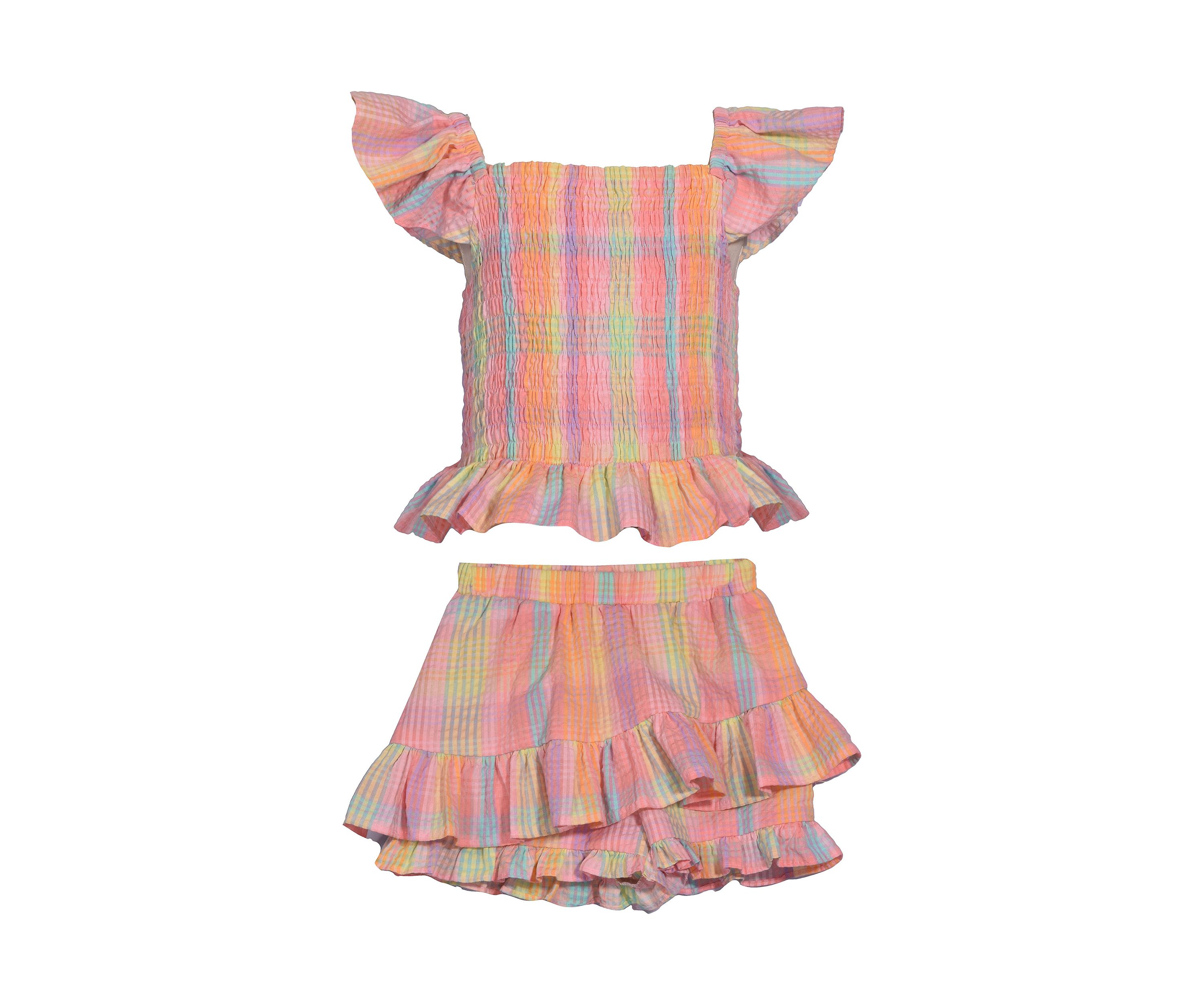 Girls 7-16 Smocked Ruffle Plaid Printed Top and Skort Set