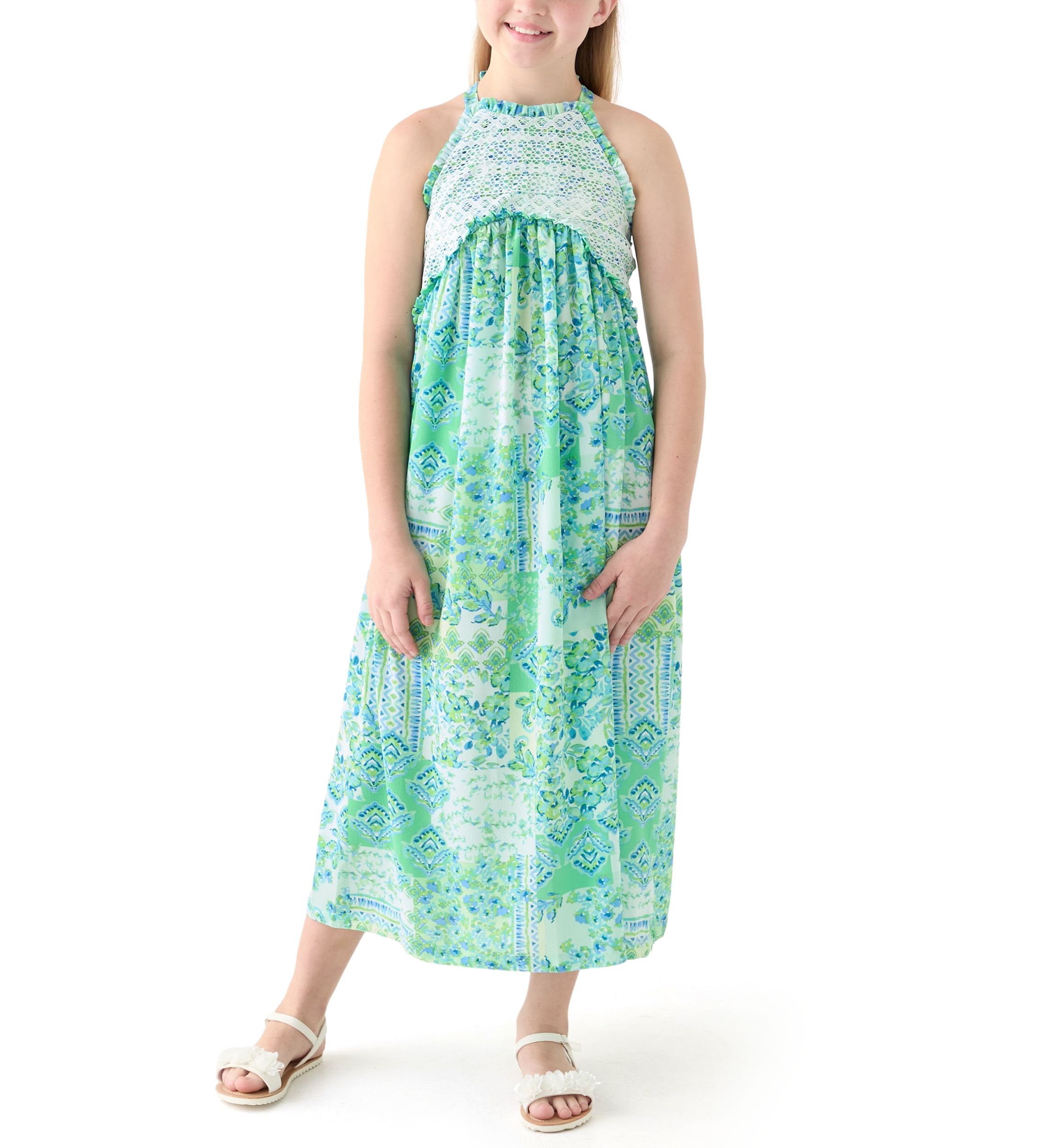 Girls 7-16 3 Cage Back Tropical Maxi Dress