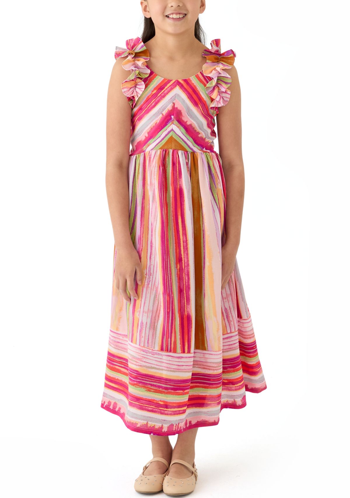 Girls 7-16 Ruffle Shoulder Stripe Maxi Dress