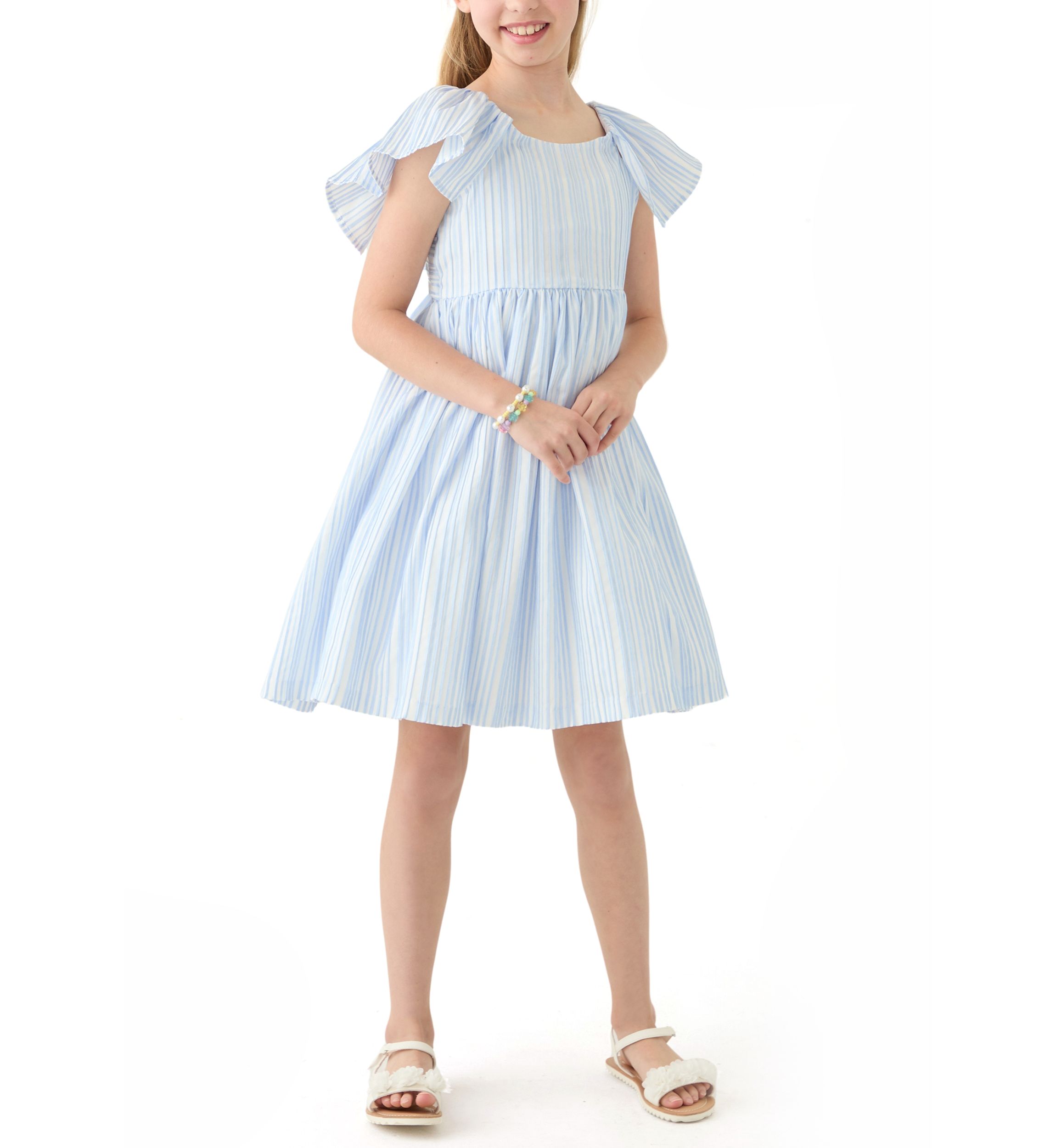 Girls 7-16 Blue Stripe Flutter Sleeve Dress