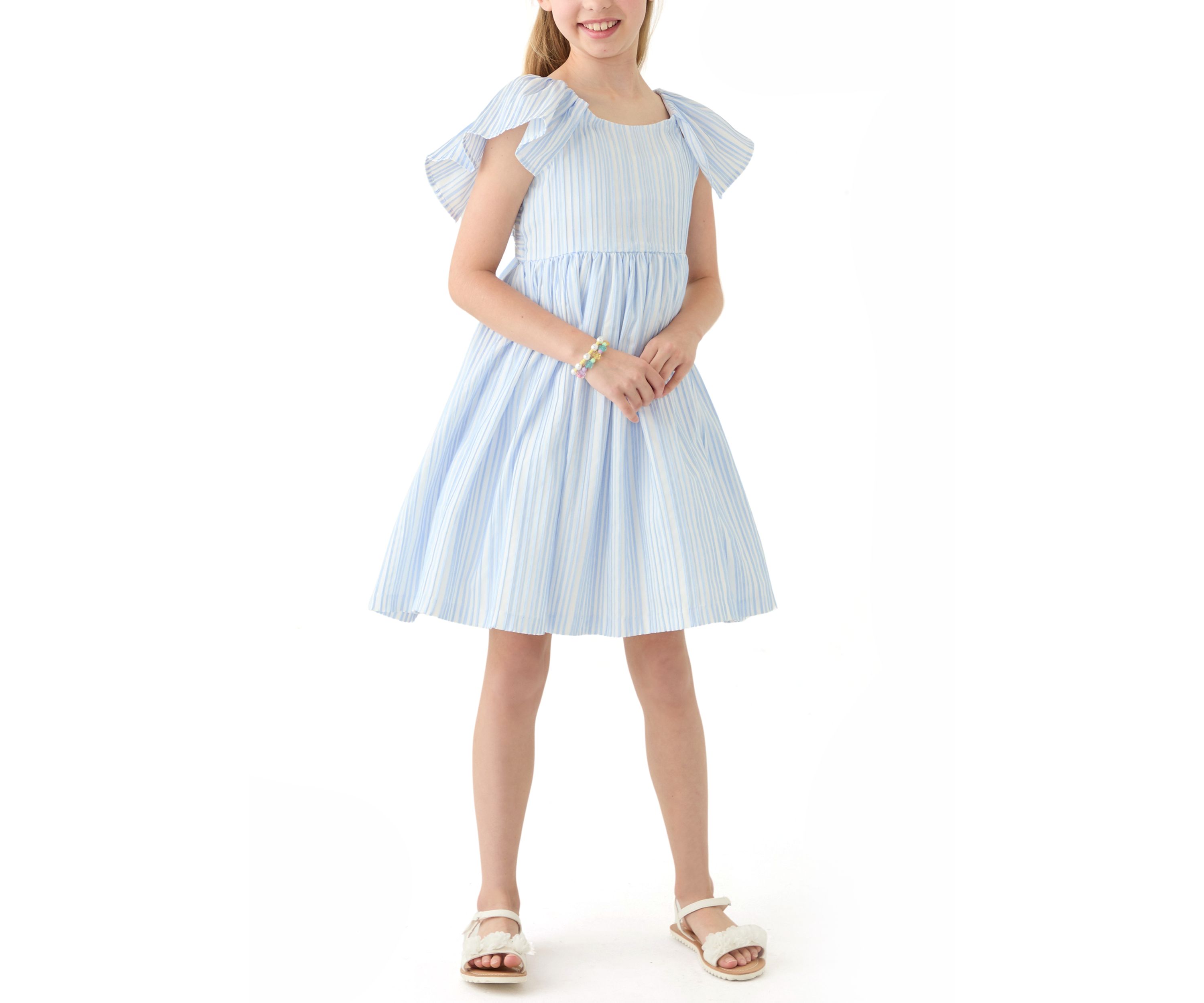 Girls 7-16 Blue Stripe Flutter Sleeve Dress