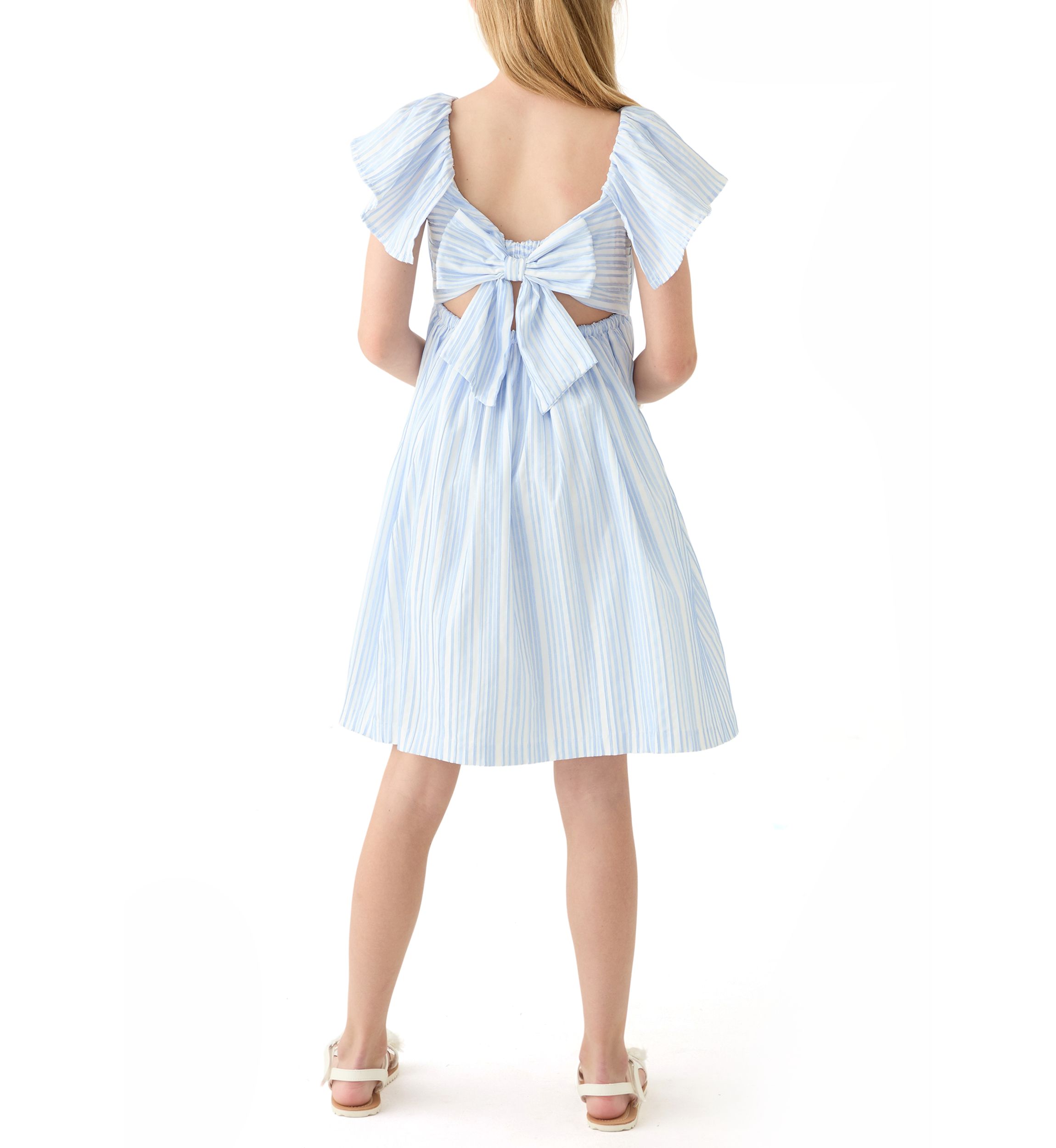 Girls 7-16 Blue Stripe Flutter Sleeve Dress