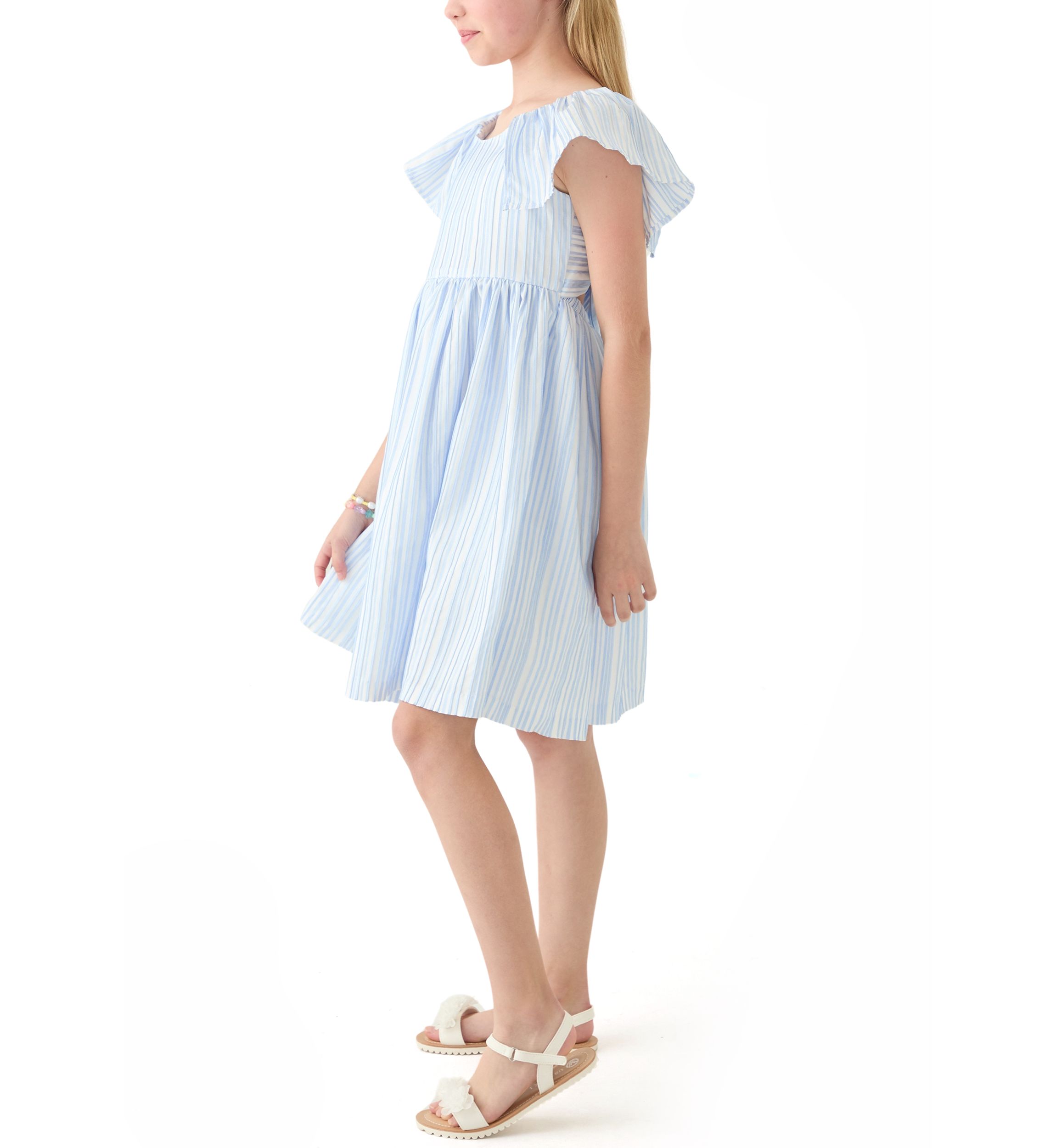 Girls 7-16 Blue Stripe Flutter Sleeve Dress