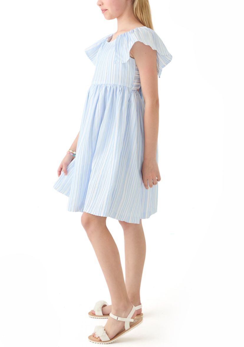 Girls 7-16 Blue Stripe Flutter Sleeve Dress