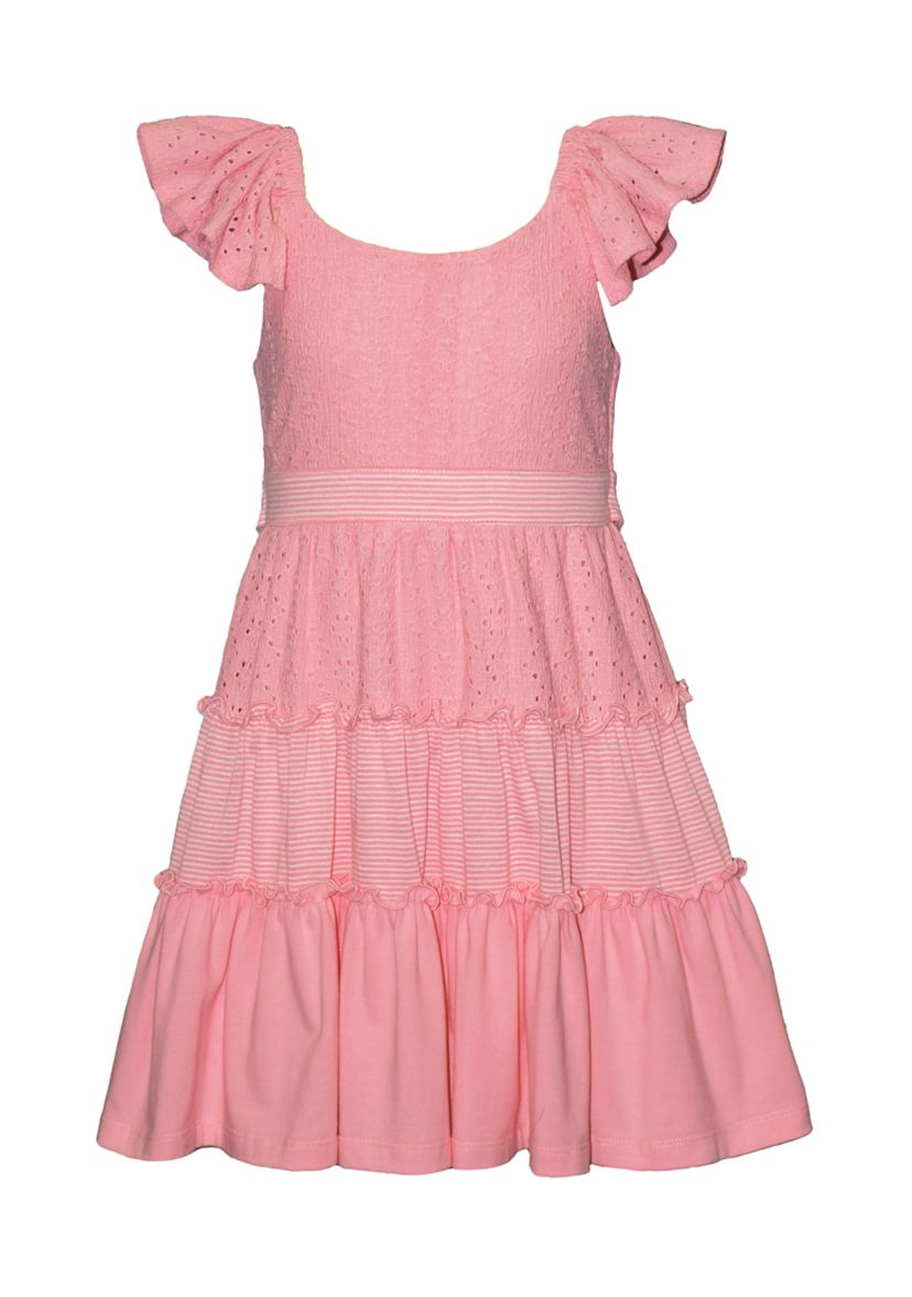 Bonnie Jean Girls 7-16 Eyelet Striped Mixed Dress, PINK
