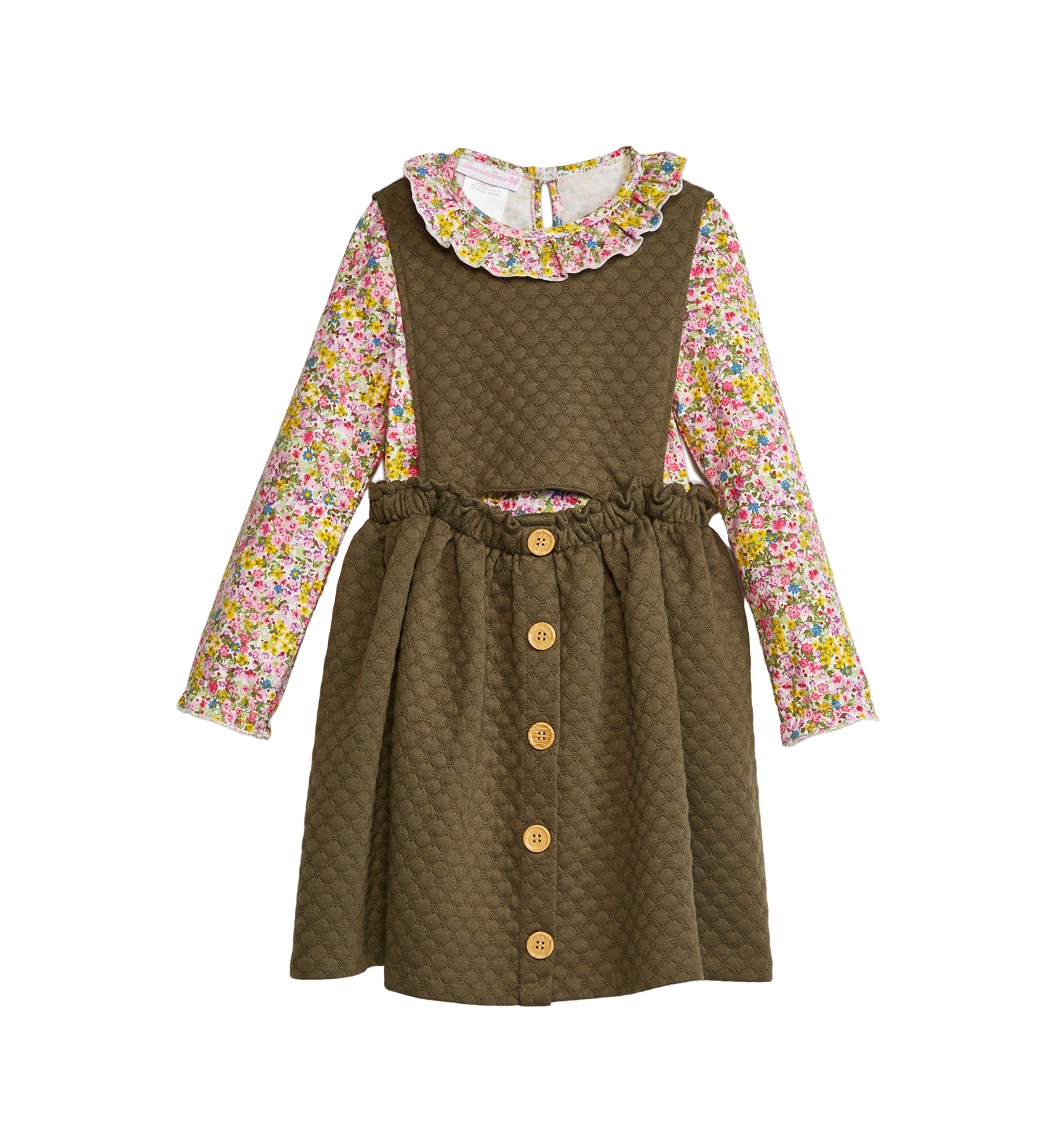 Girls 4-6x Long Sleeve Button Front Bib Printed Dress