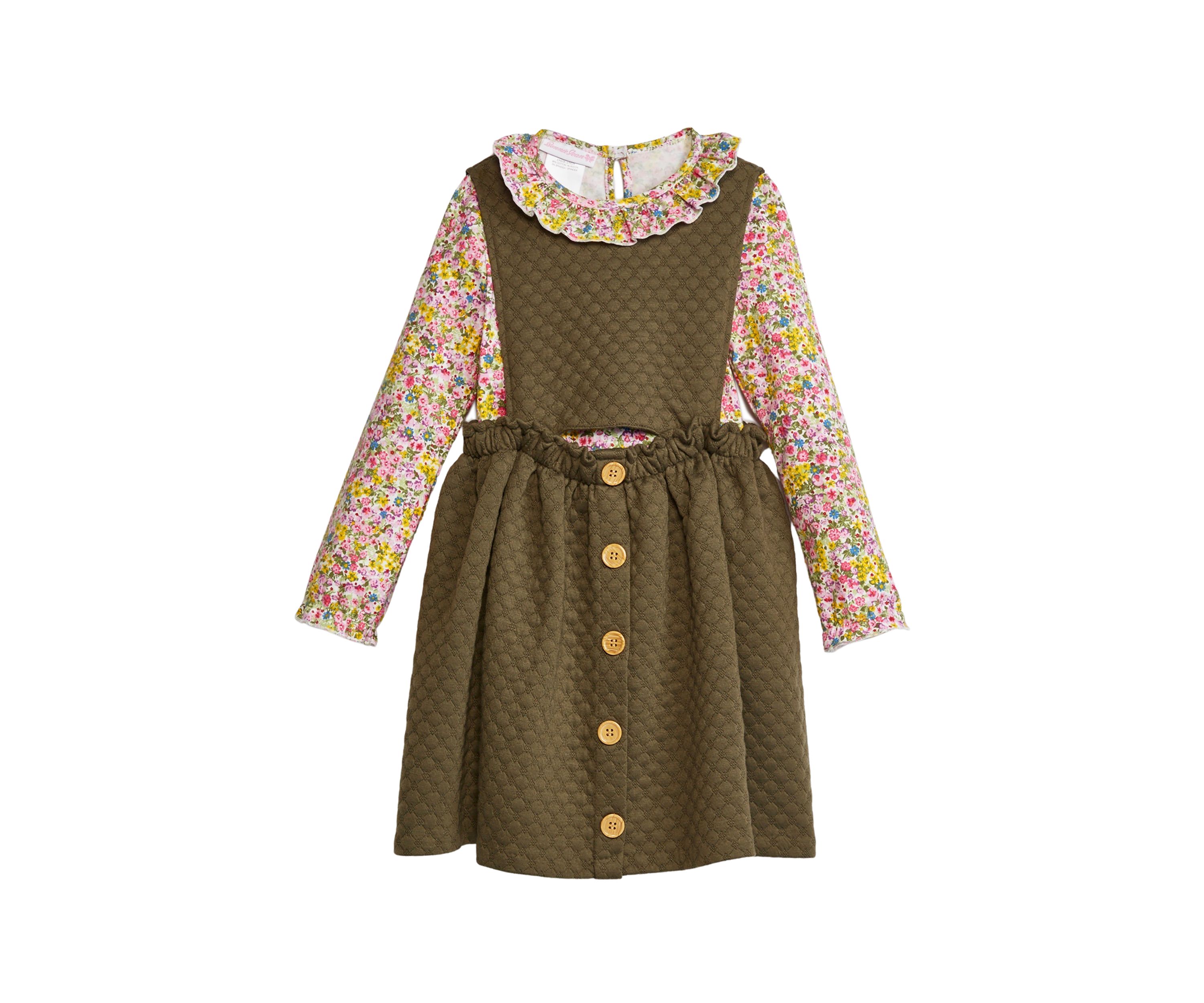 Girls 4-6x Long Sleeve Button Front Bib Printed Dress