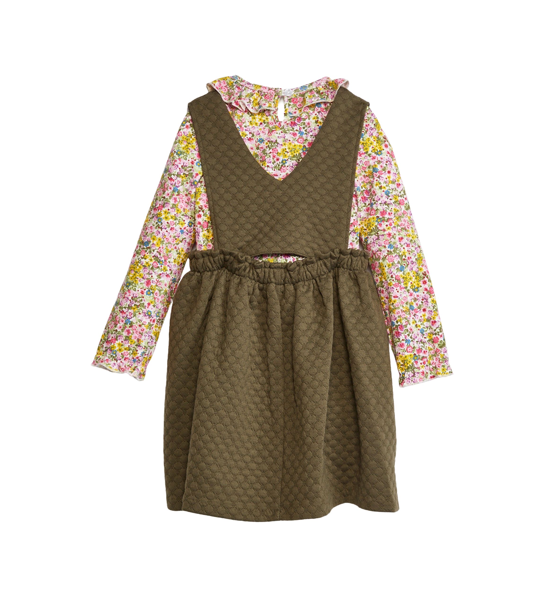 Girls 4-6x Long Sleeve Button Front Bib Printed Dress