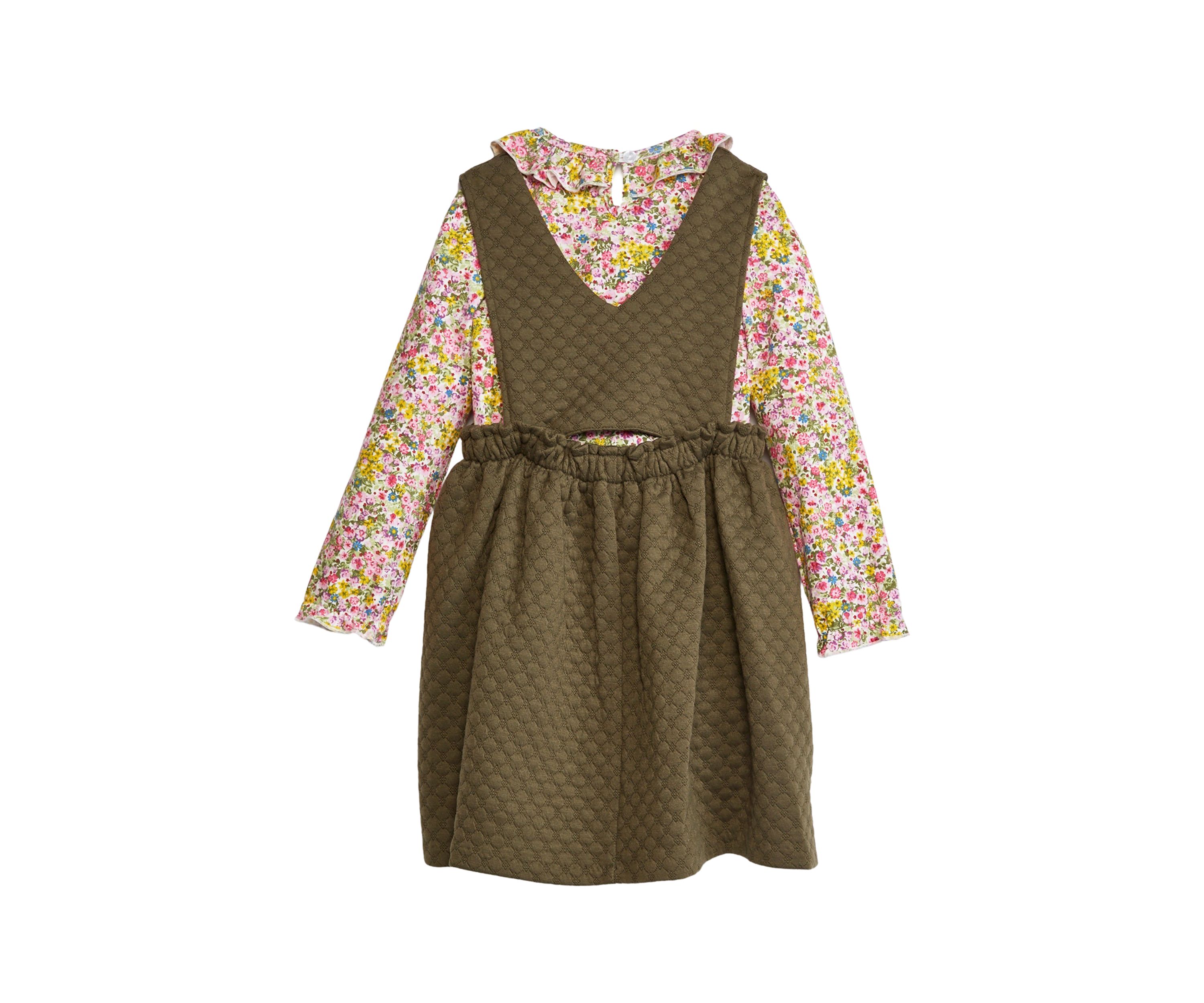 Girls 4-6x Long Sleeve Button Front Bib Printed Dress