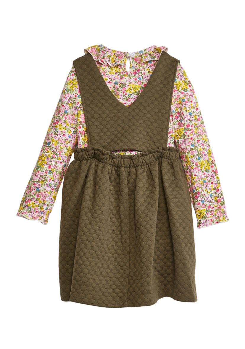 Girls 4-6x Long Sleeve Button Front Bib Printed Dress