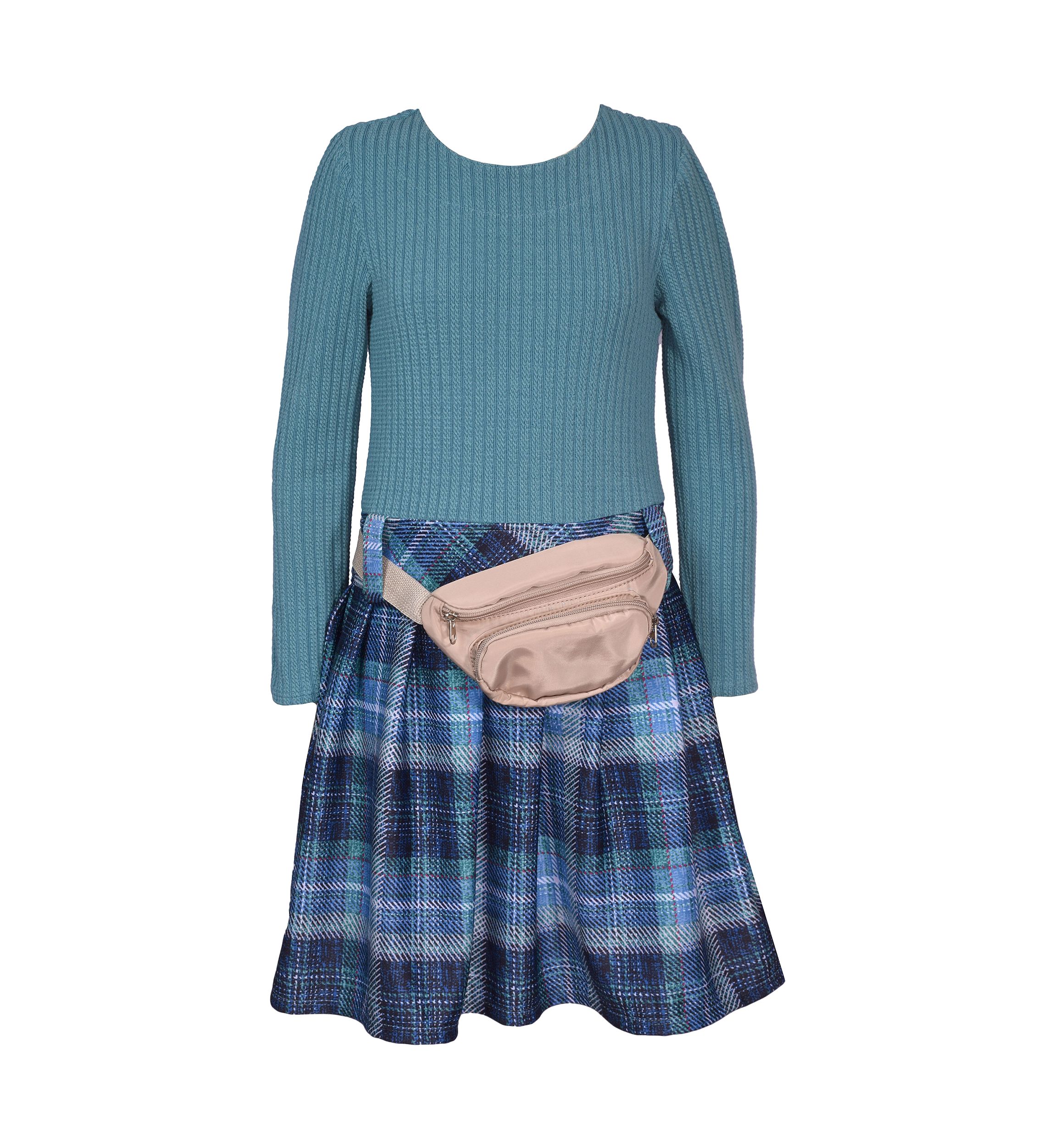 Girls 7-16 Drop Waist Sweater Knit Bodice to Printed Skirt Dress with Bag
