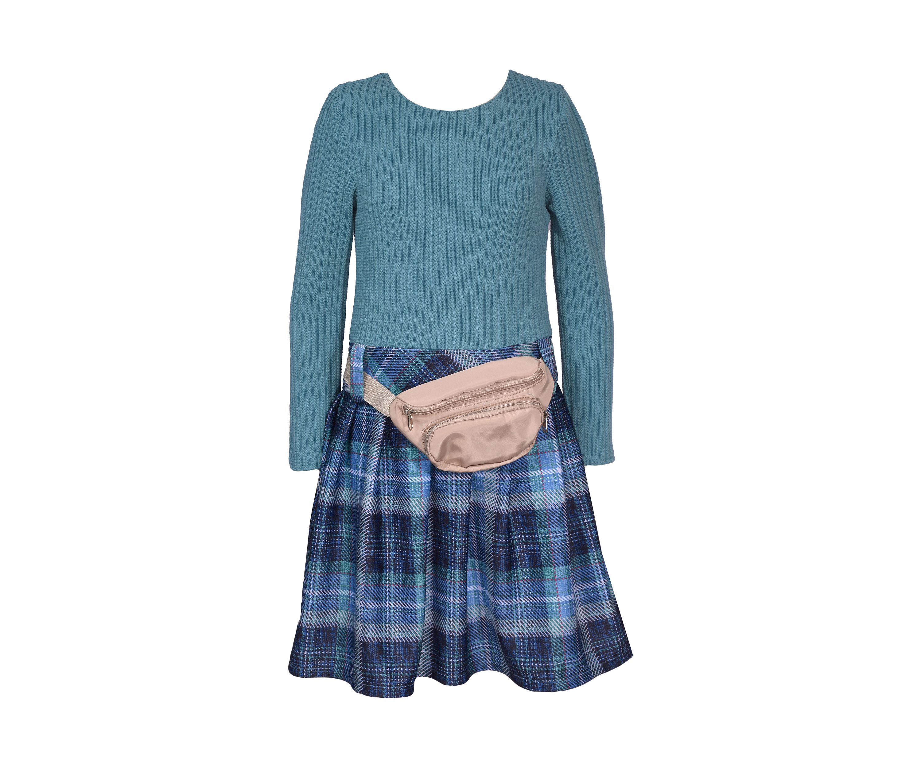 Girls 7-16 Drop Waist Sweater Knit Bodice to Printed Skirt Dress with Bag