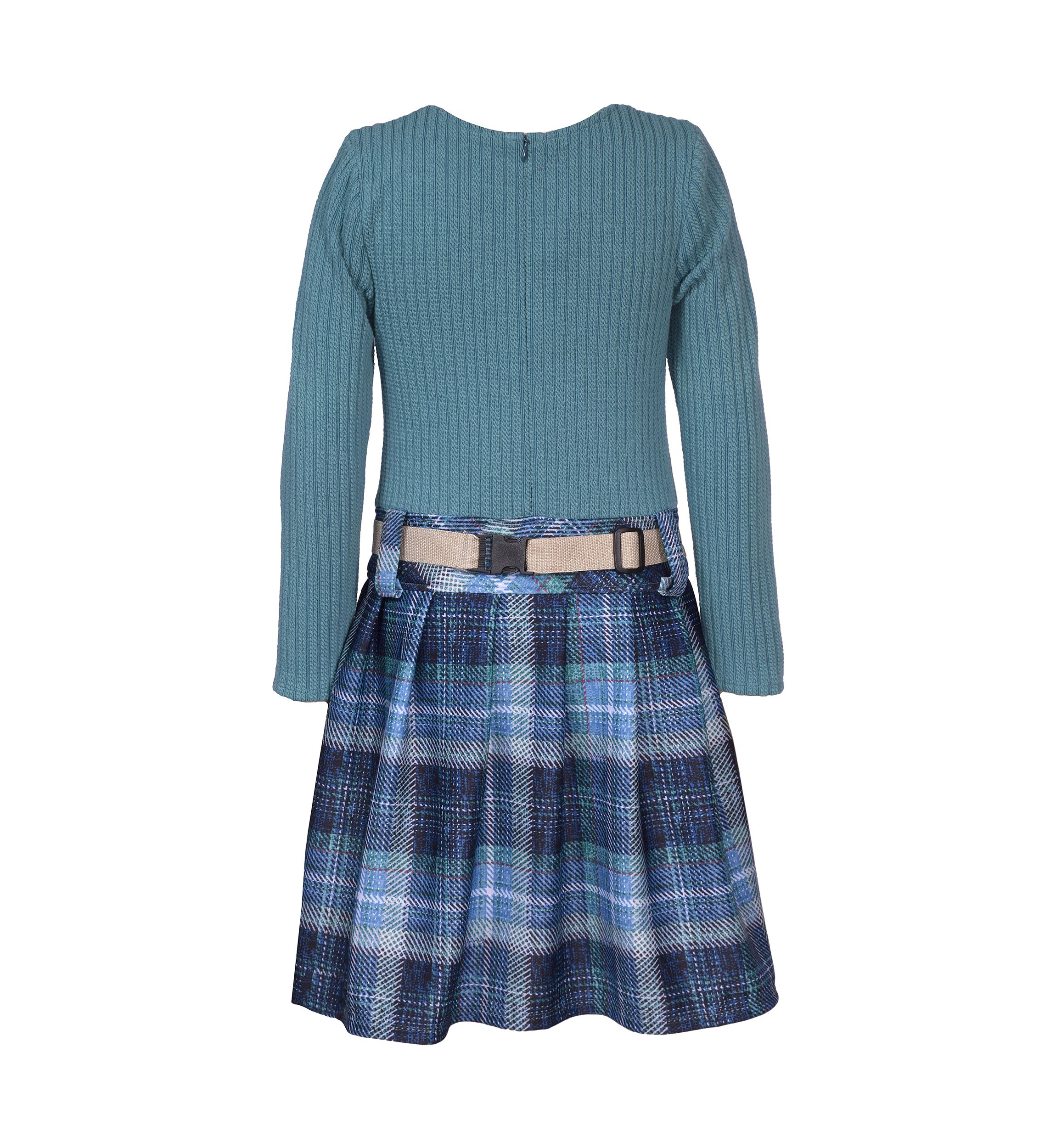 Girls 7-16 Drop Waist Sweater Knit Bodice to Printed Skirt Dress with Bag