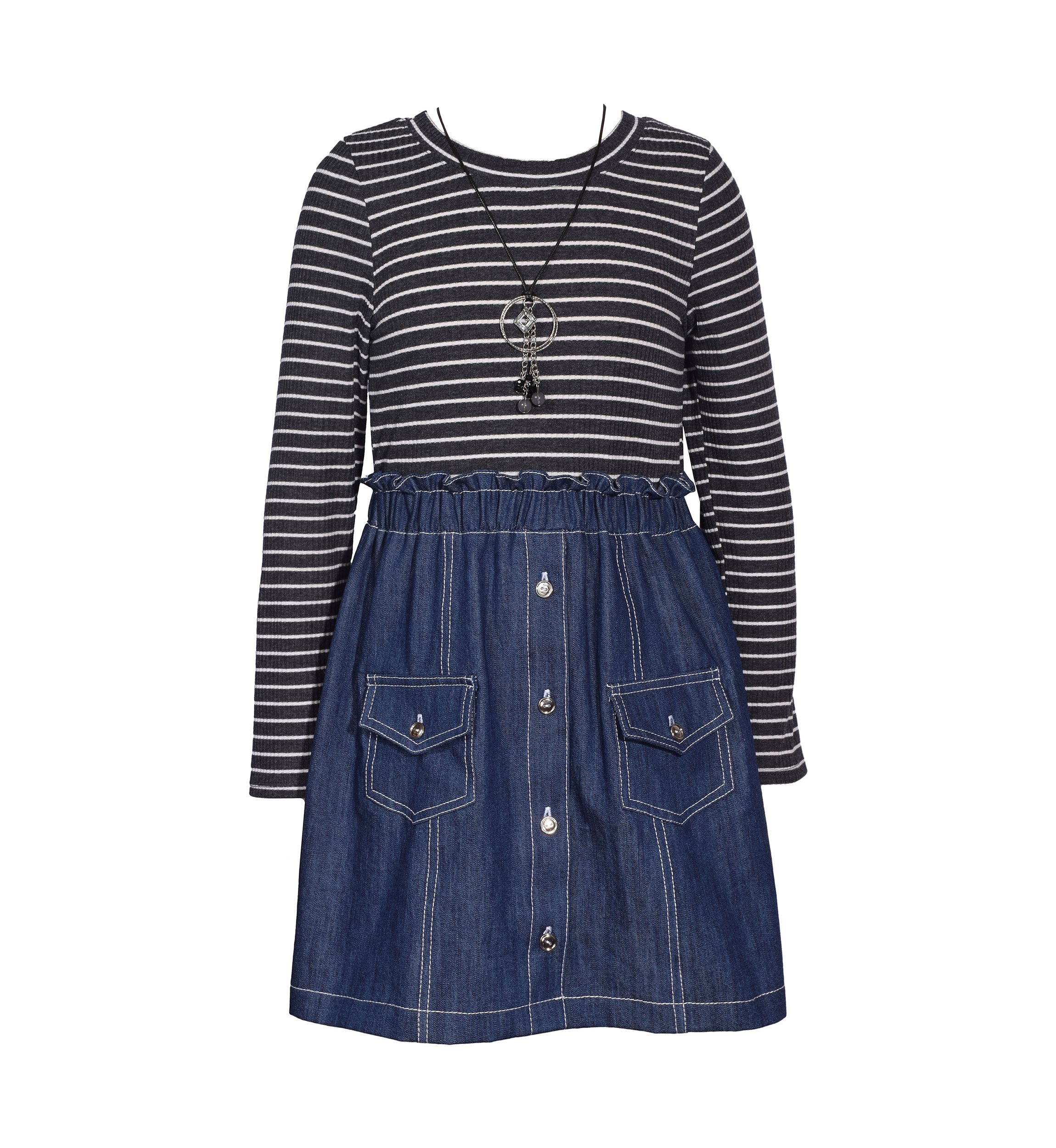 Girls 7-16 Striped Bodice to Denim Skirt Dress