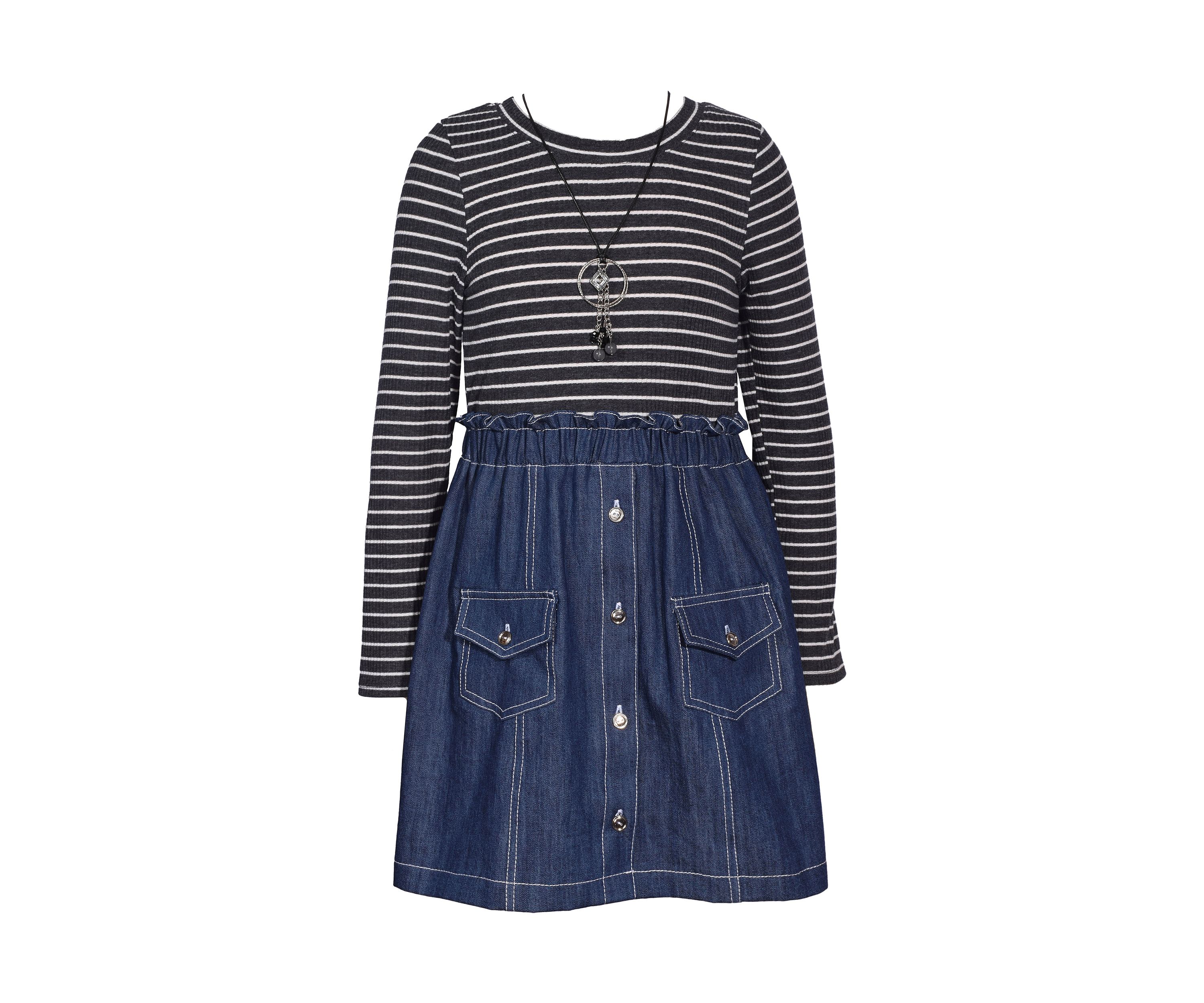 Girls 7-16 Striped Bodice to Denim Skirt Dress