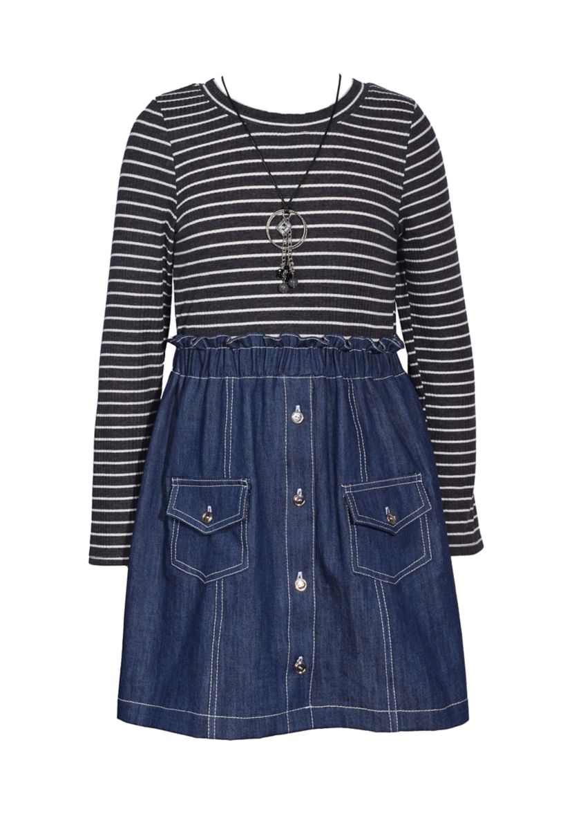 Girls 7-16 Striped Bodice to Denim Skirt Dress