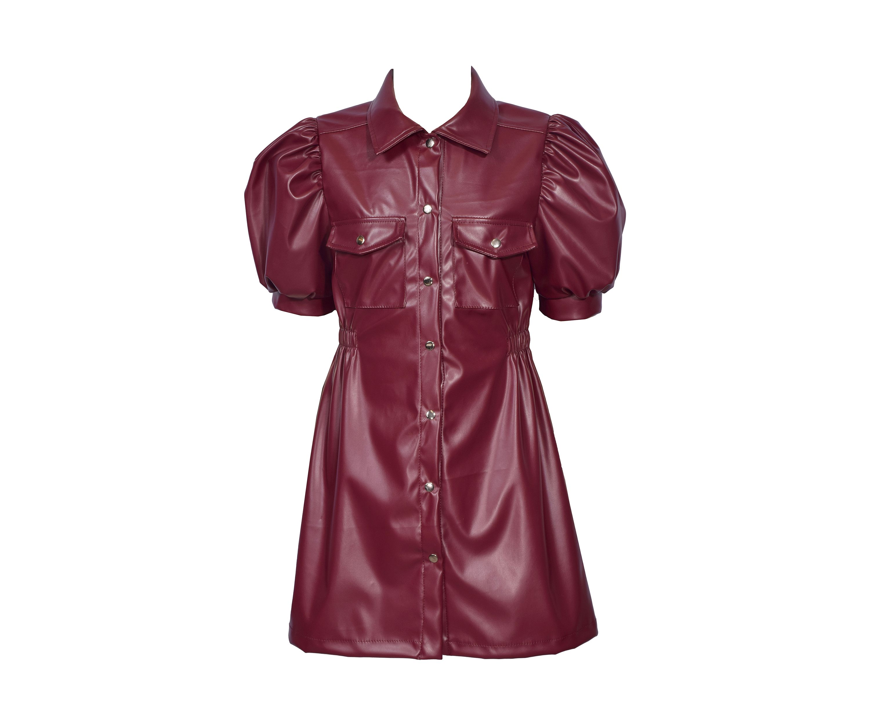 Girls 7-16 Puff Sleeve Leather Shirtdress