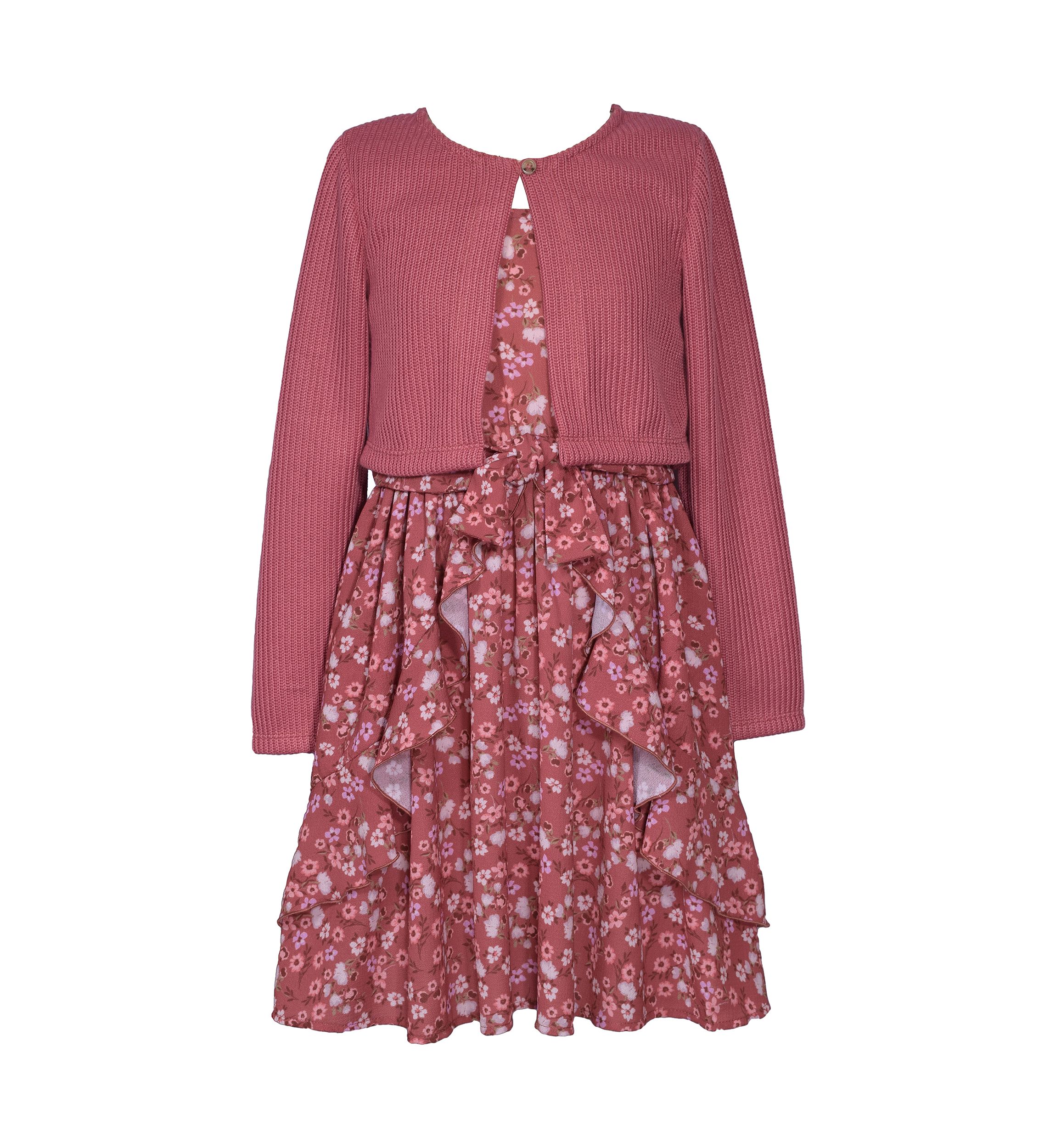 Girls 7-16 Cardigan Over Crepe Dress Set