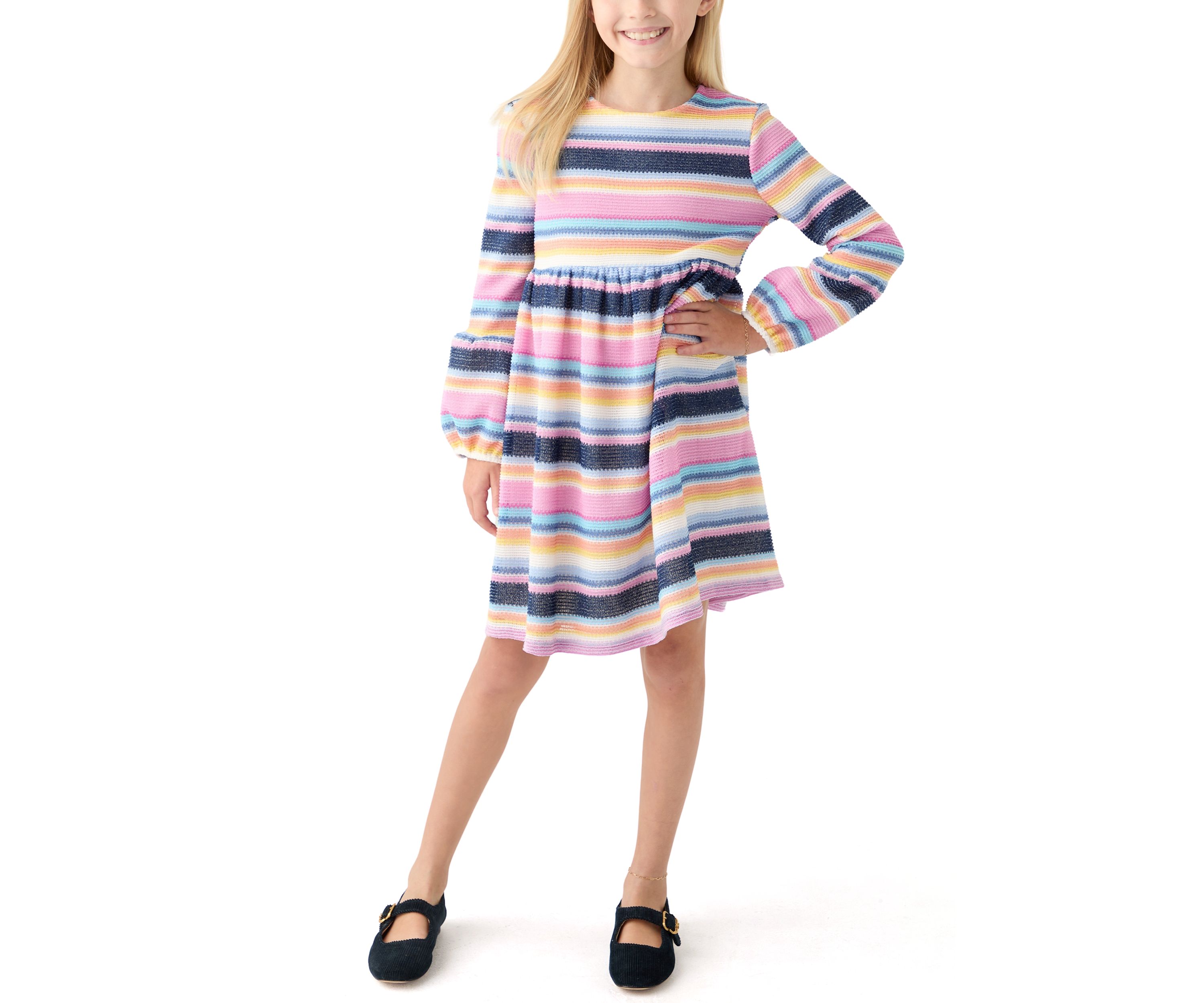 Girls 7-16 Stripe Lantern Sleeve Dress