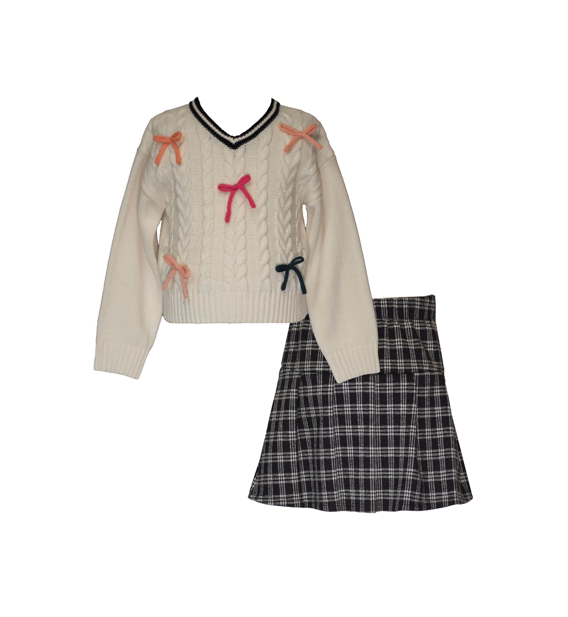 Girls 7-16 Bow Sweater and Plaid Skirt Set