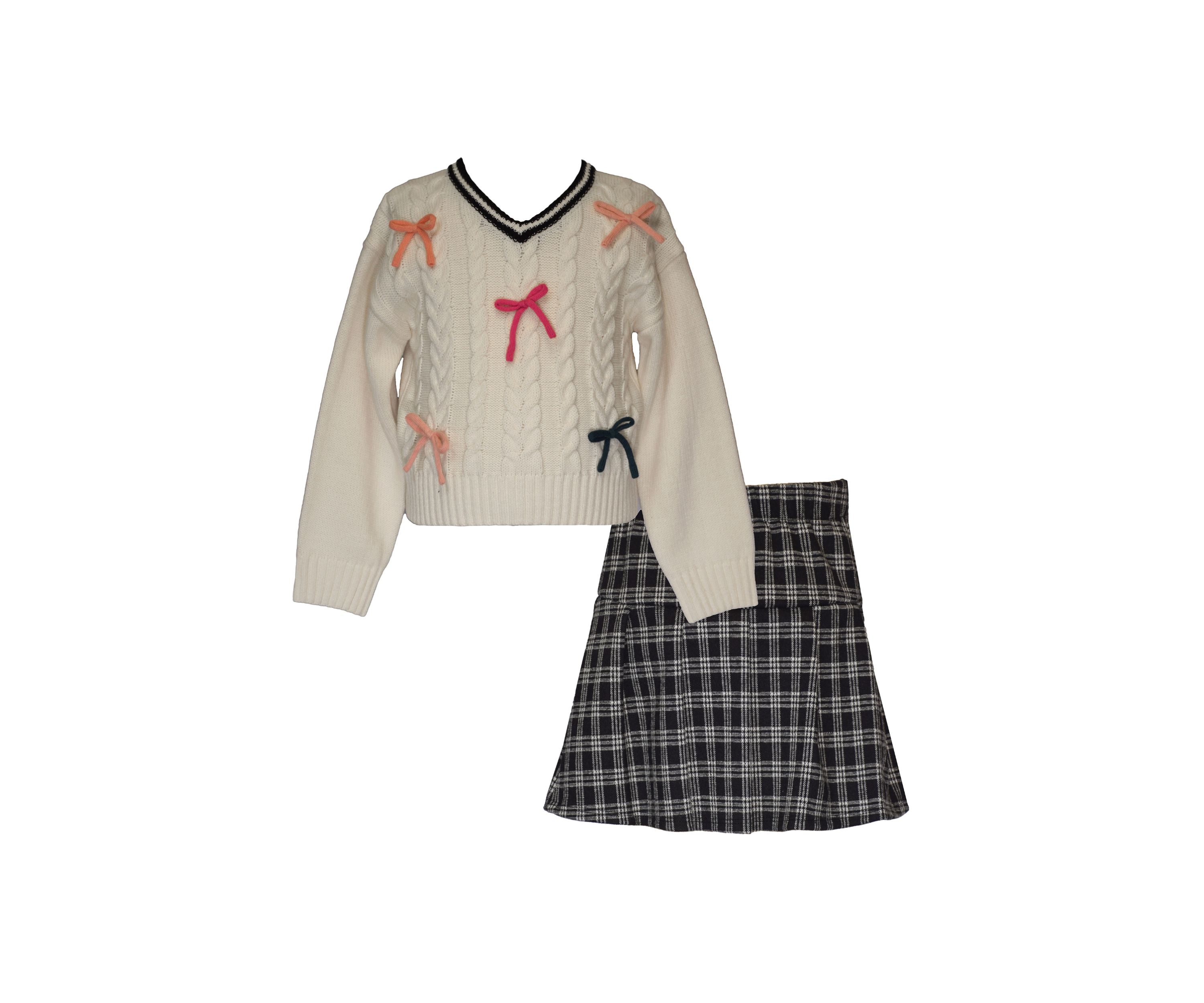 Girls 7-16 Bow Sweater and Plaid Skirt Set