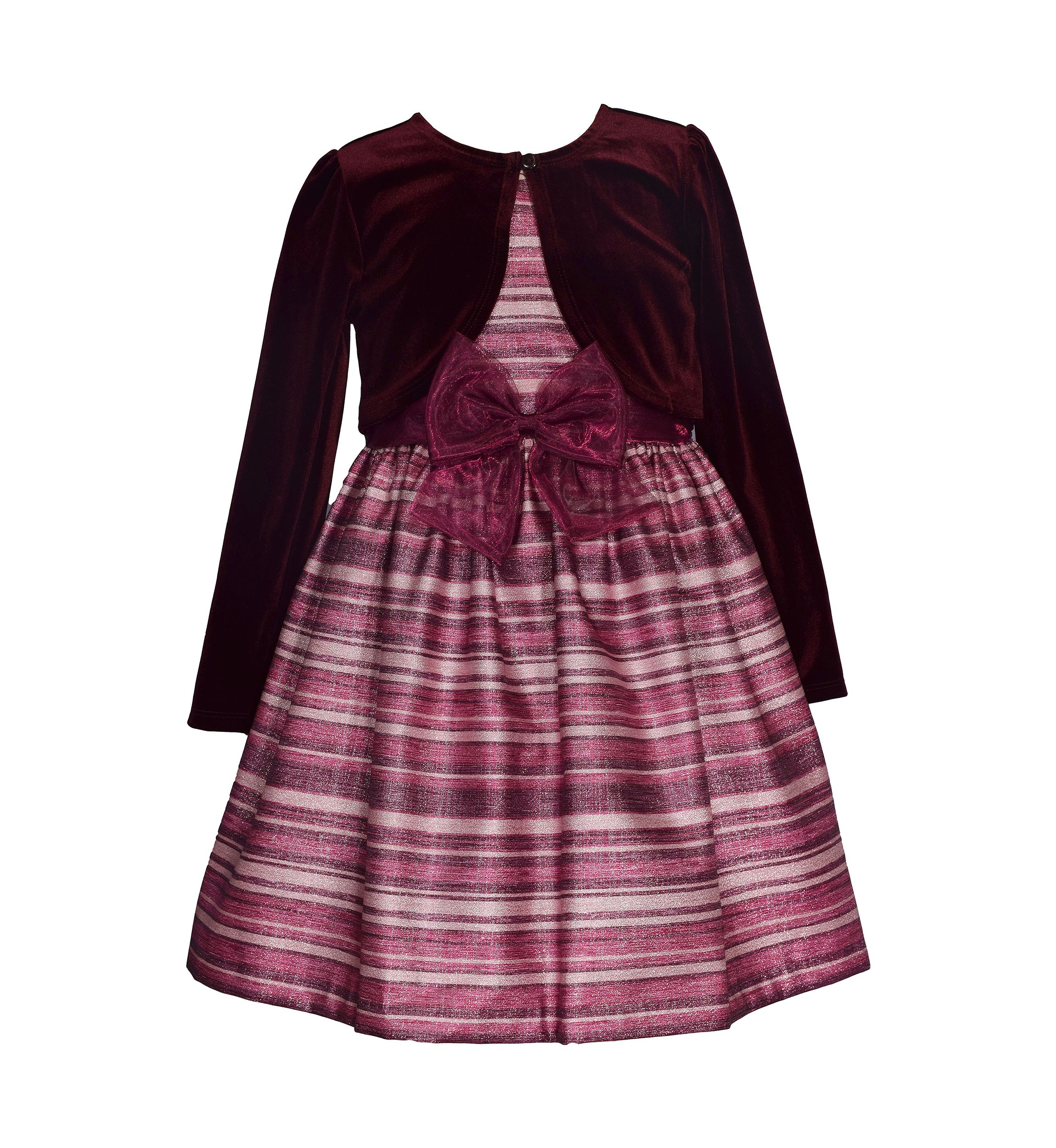 Girls 4-6 Velvet Cardigan and Stripe Dress with Bow