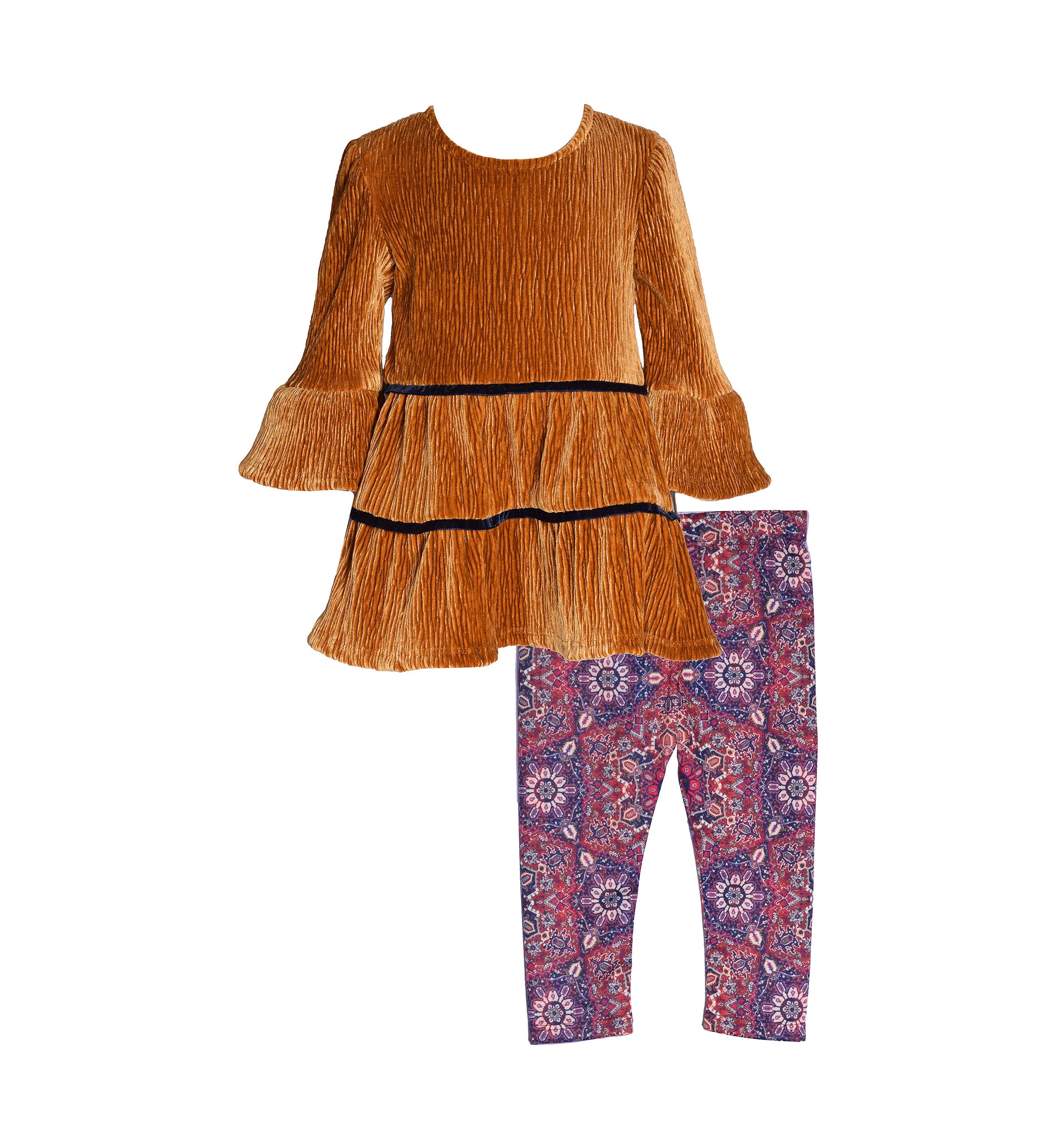 Girls 4-6x Tiered Velvet Top and Printed Leggings Set