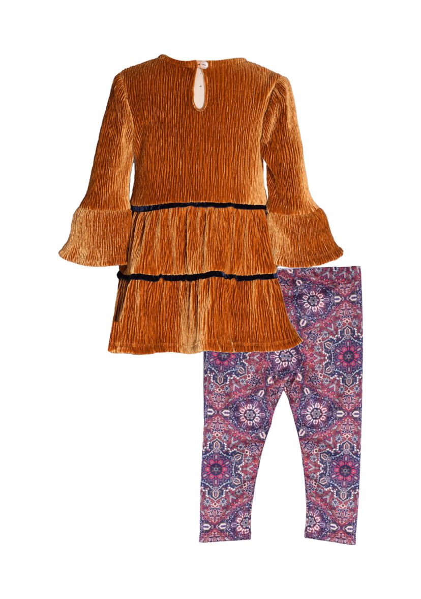 Girls 4-6x Tiered Velvet Top and Printed Leggings Set
