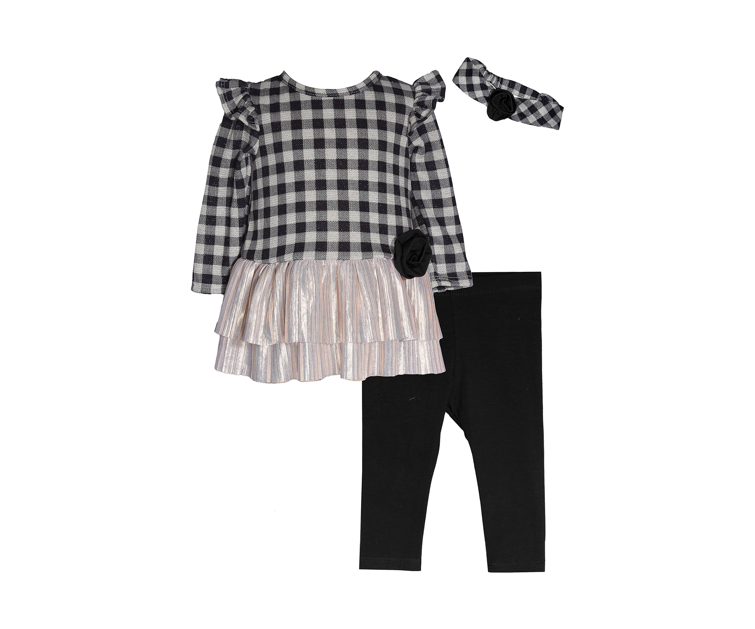 Girls 4-6x Check Knit Top and Leggings Set with Headwrap