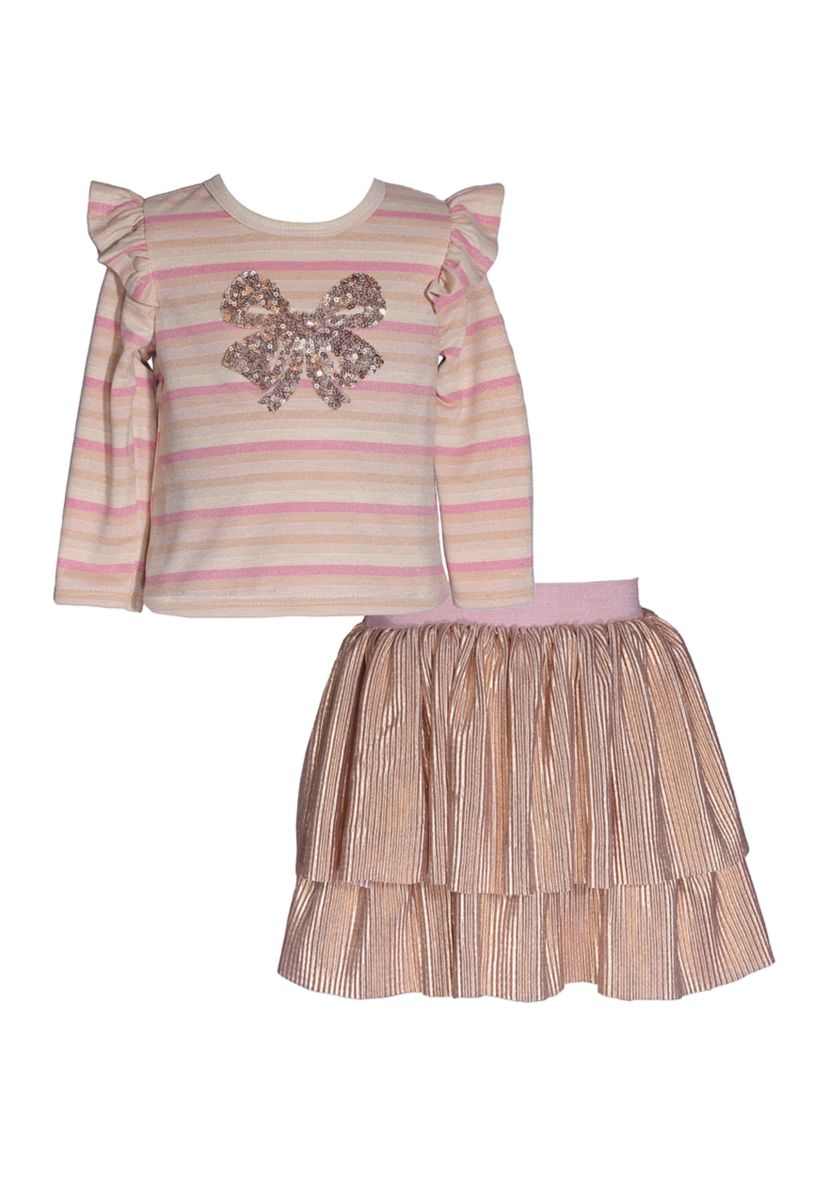 Girls 4-6x Top with Sequin Bow Appliqué and Tiered Skirt