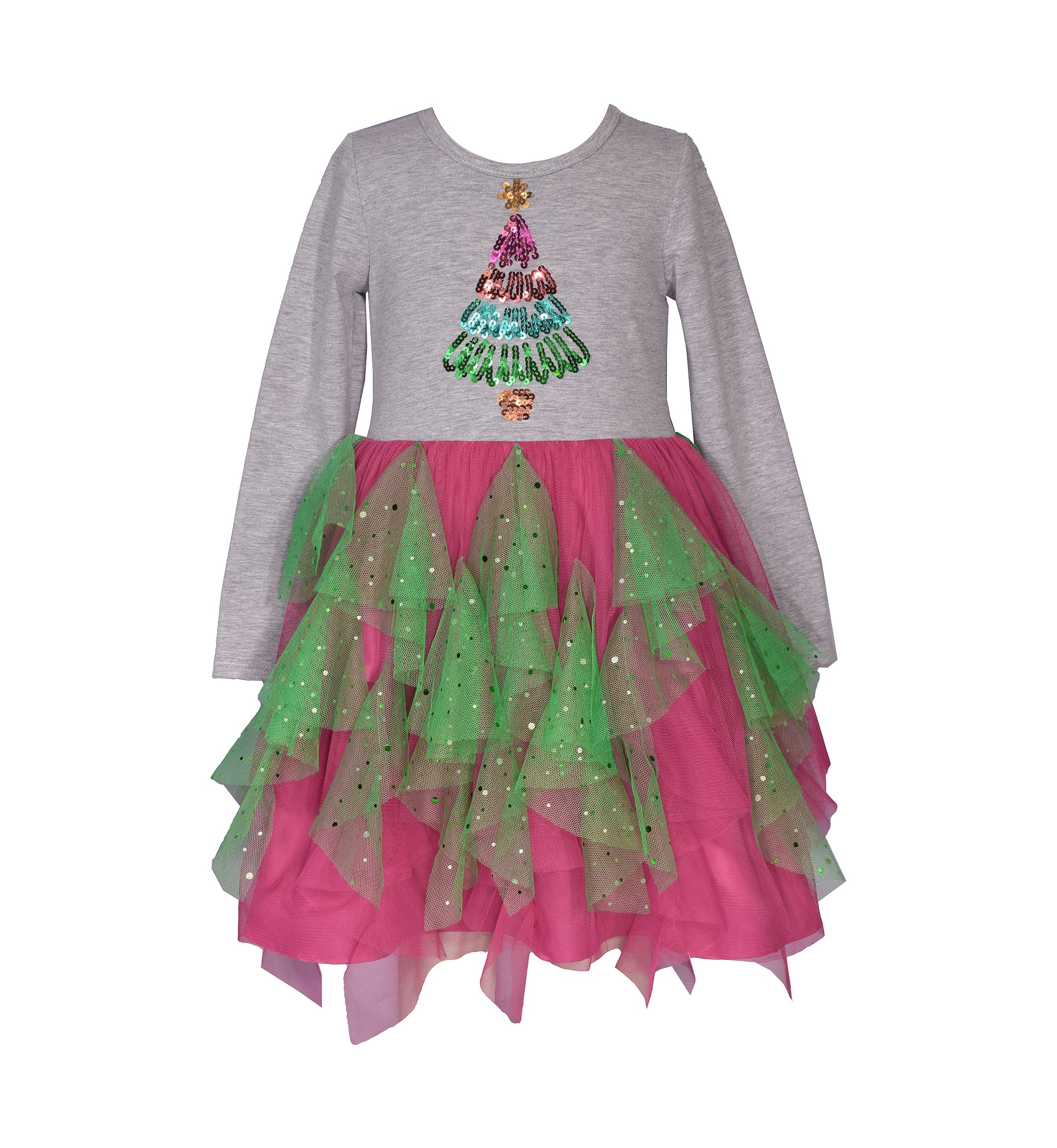 Girls 4-6x Long Sleeve Sequin Tree Handkerchief Hem Dress 