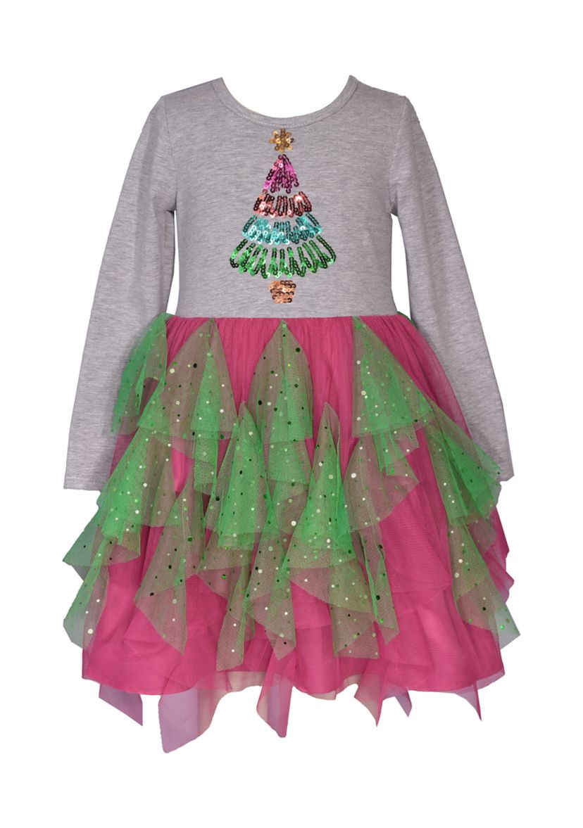 Girls 4-6x Long Sleeve Sequin Tree Handkerchief Hem Dress 
