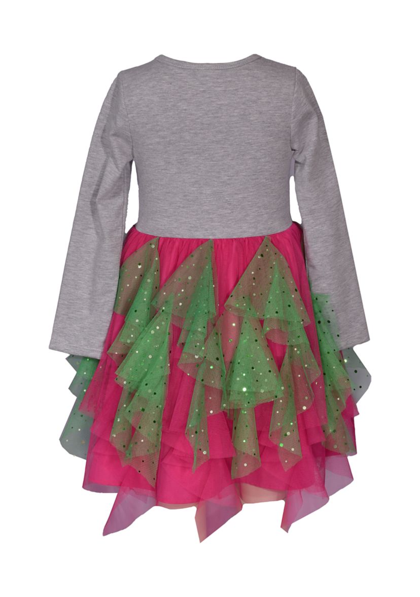 Girls 4-6x Long Sleeve Sequin Tree Handkerchief Hem Dress 