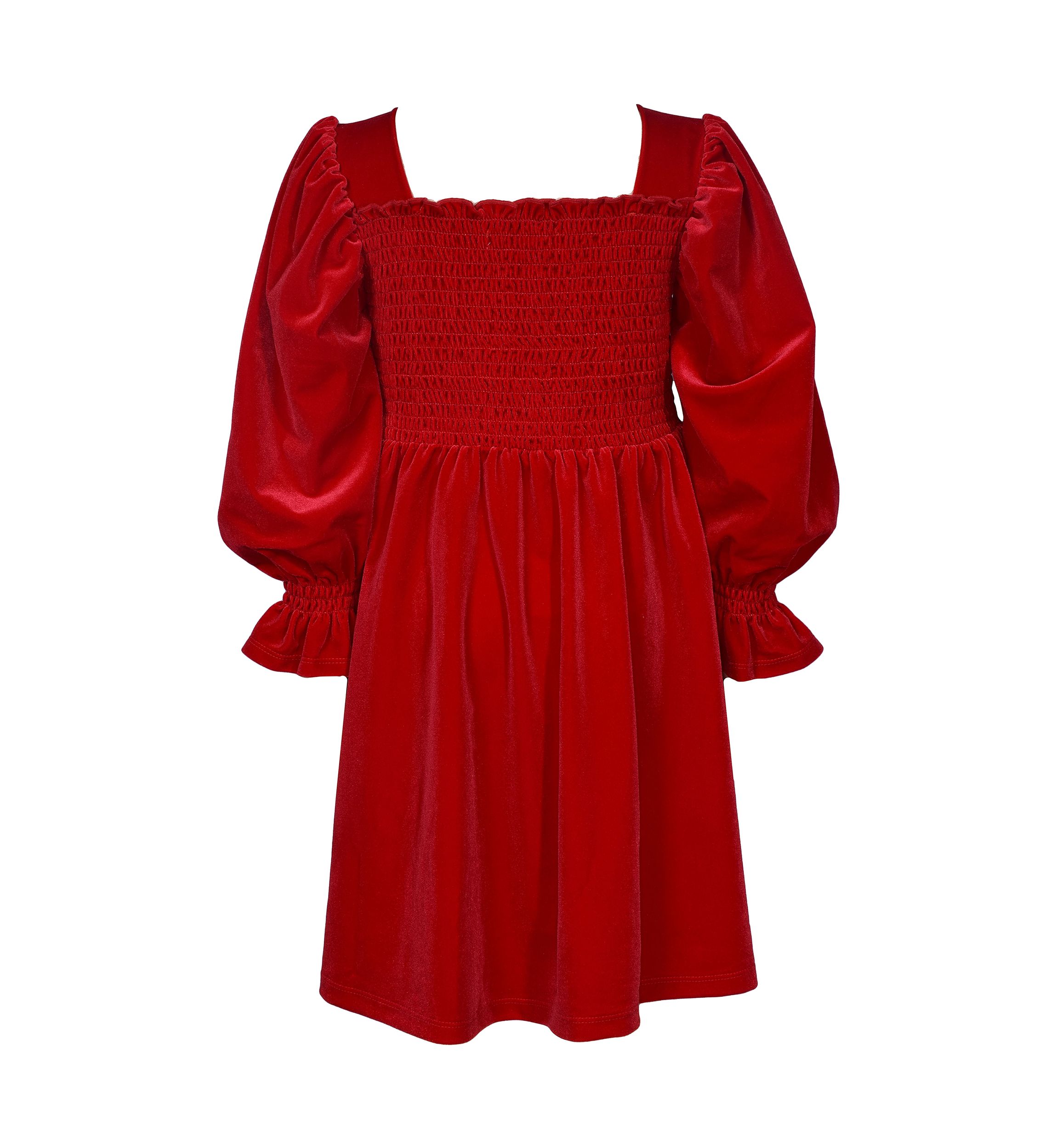 Girls 7-16 Long Sleeve Smocked Velvet Dress