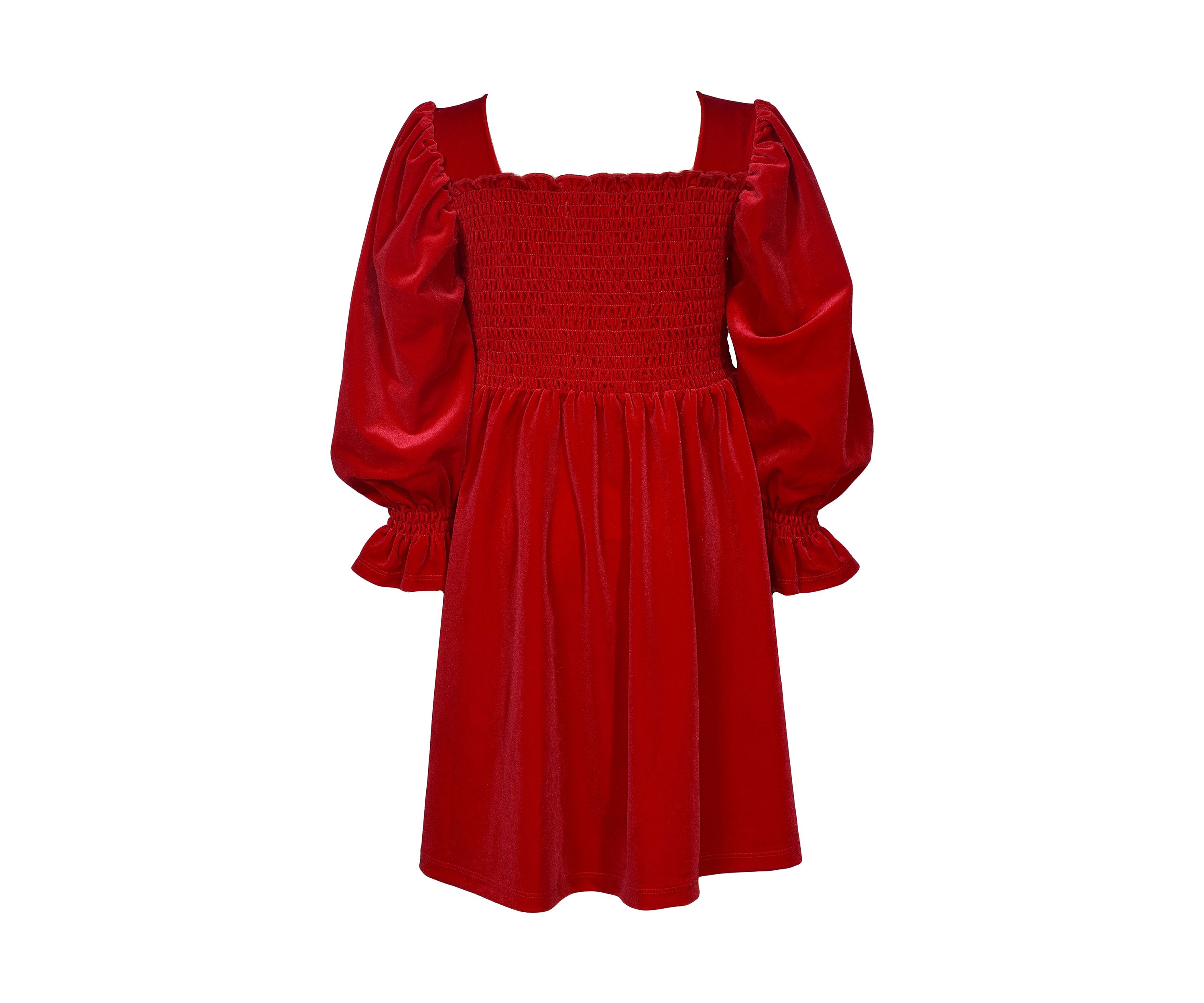 Girls 7-16 Long Sleeve Smocked Velvet Dress
