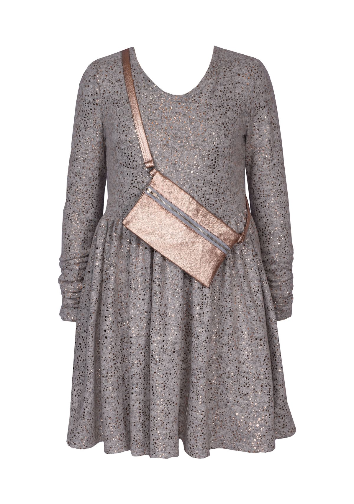Girls 7-16 Long Sleeve Foiled Hacci Dress with Bag 
