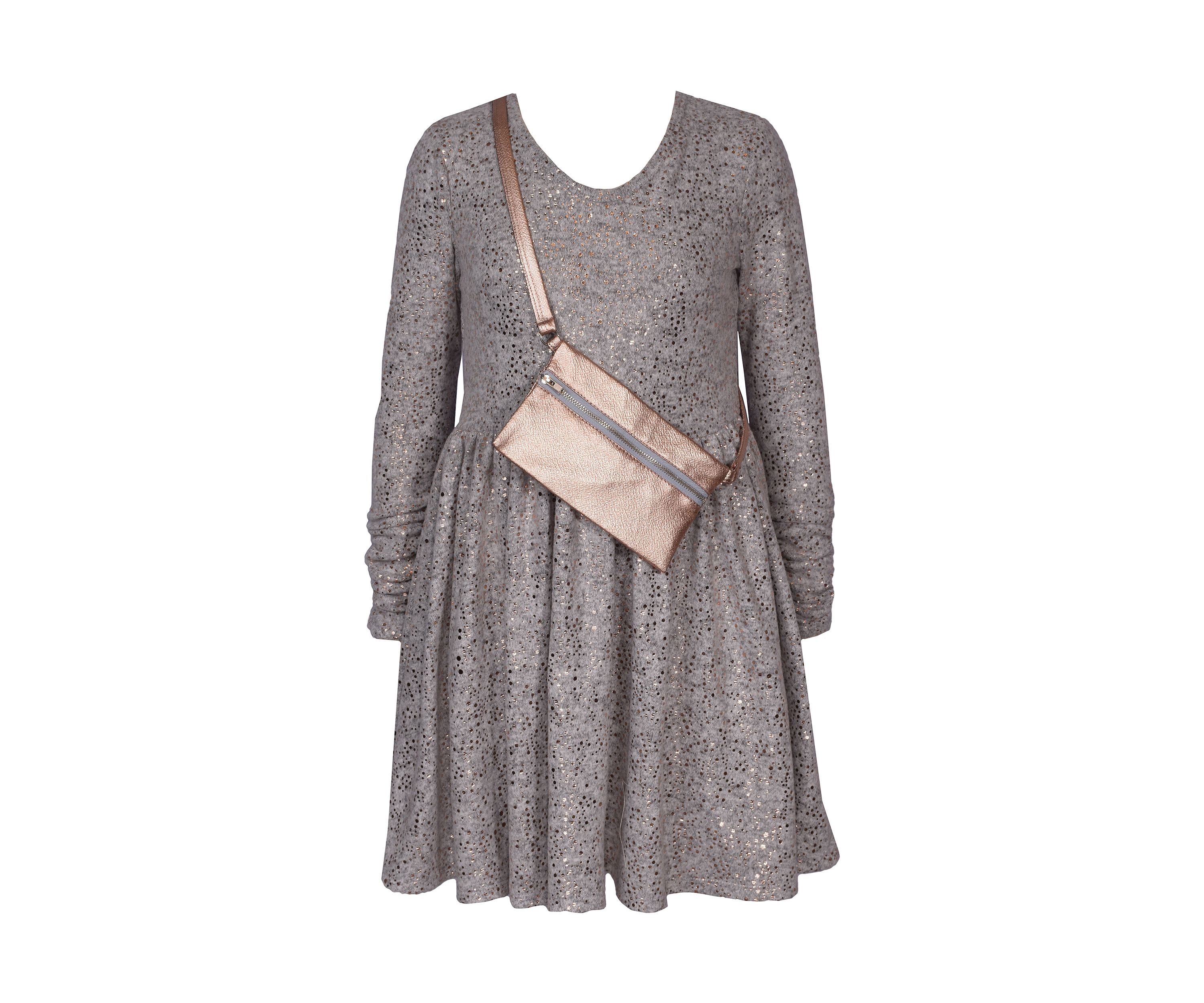 Girls 7-16 Long Sleeve Foiled Hacci Dress with Bag 